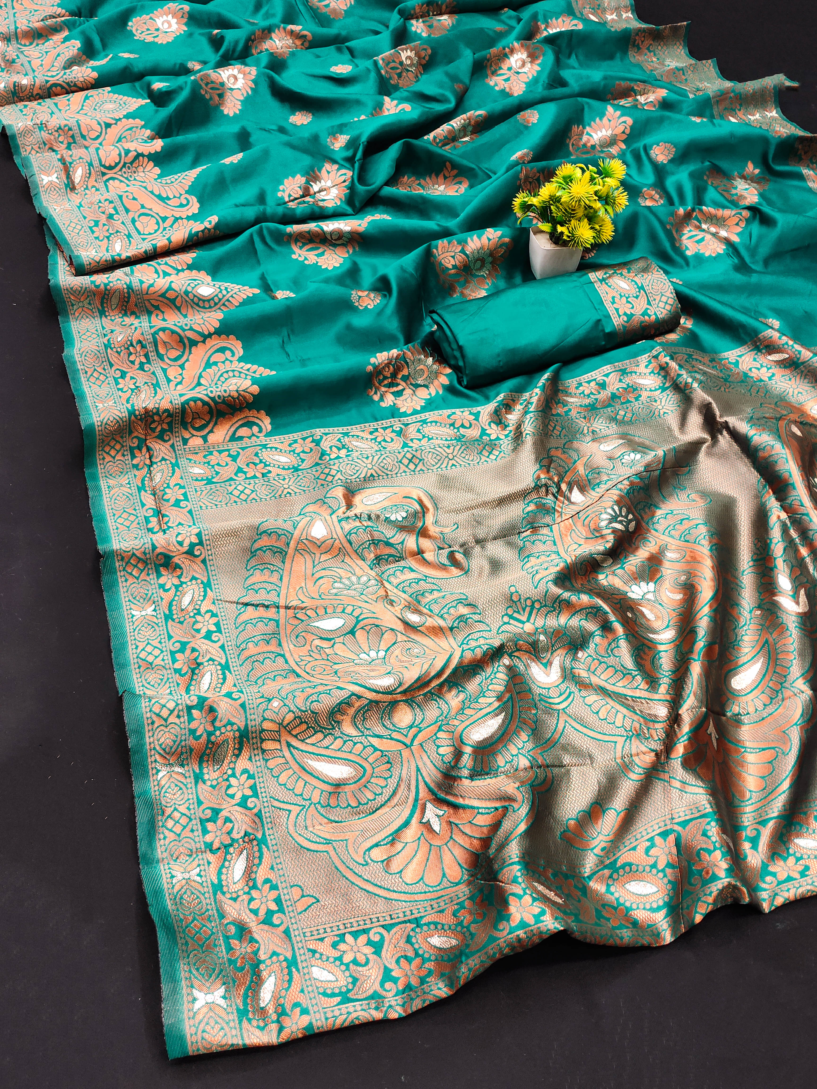 Maayro Silk Blend Embellished Banarasi saree With Unstitched Blouse Piece ( Rama )     			Maayro Silk Blend Embellished Banarasi saree With Unstitched Blouse Piece ( Rama )