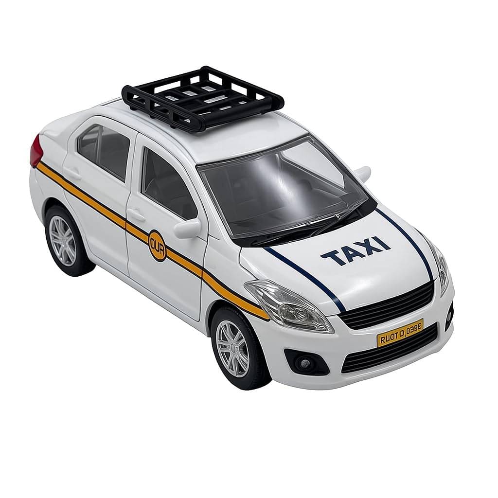     			Taxi Toy Car – Pull Back Action, Openable Doors, White Ola Uber Swift Model Cab, Durable Plastic, No Battery, Miniature Car Toy for Kids