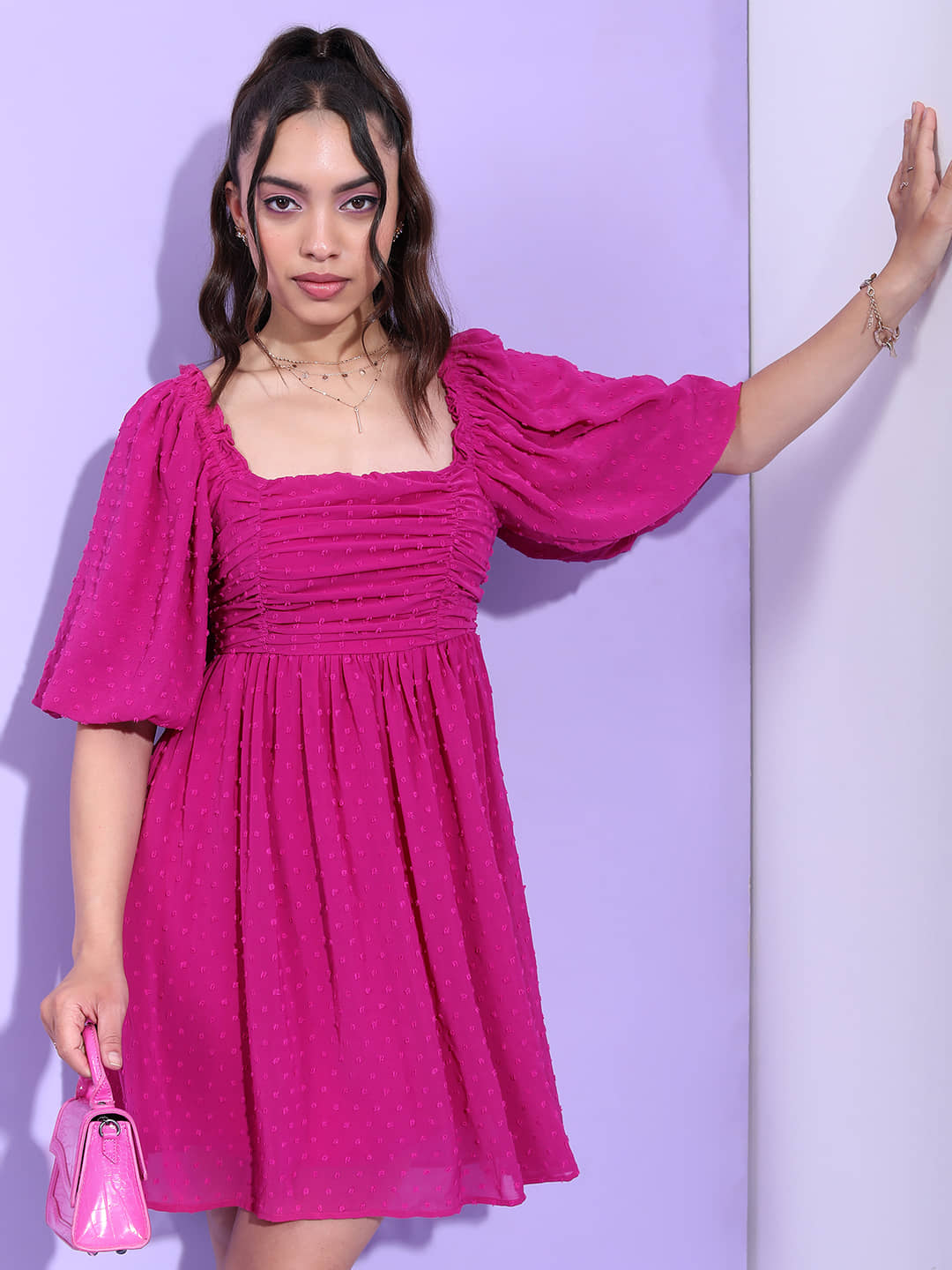 Tokyo Talkies Women Polyester Self Design Fit & Flare Dress ( Pink )