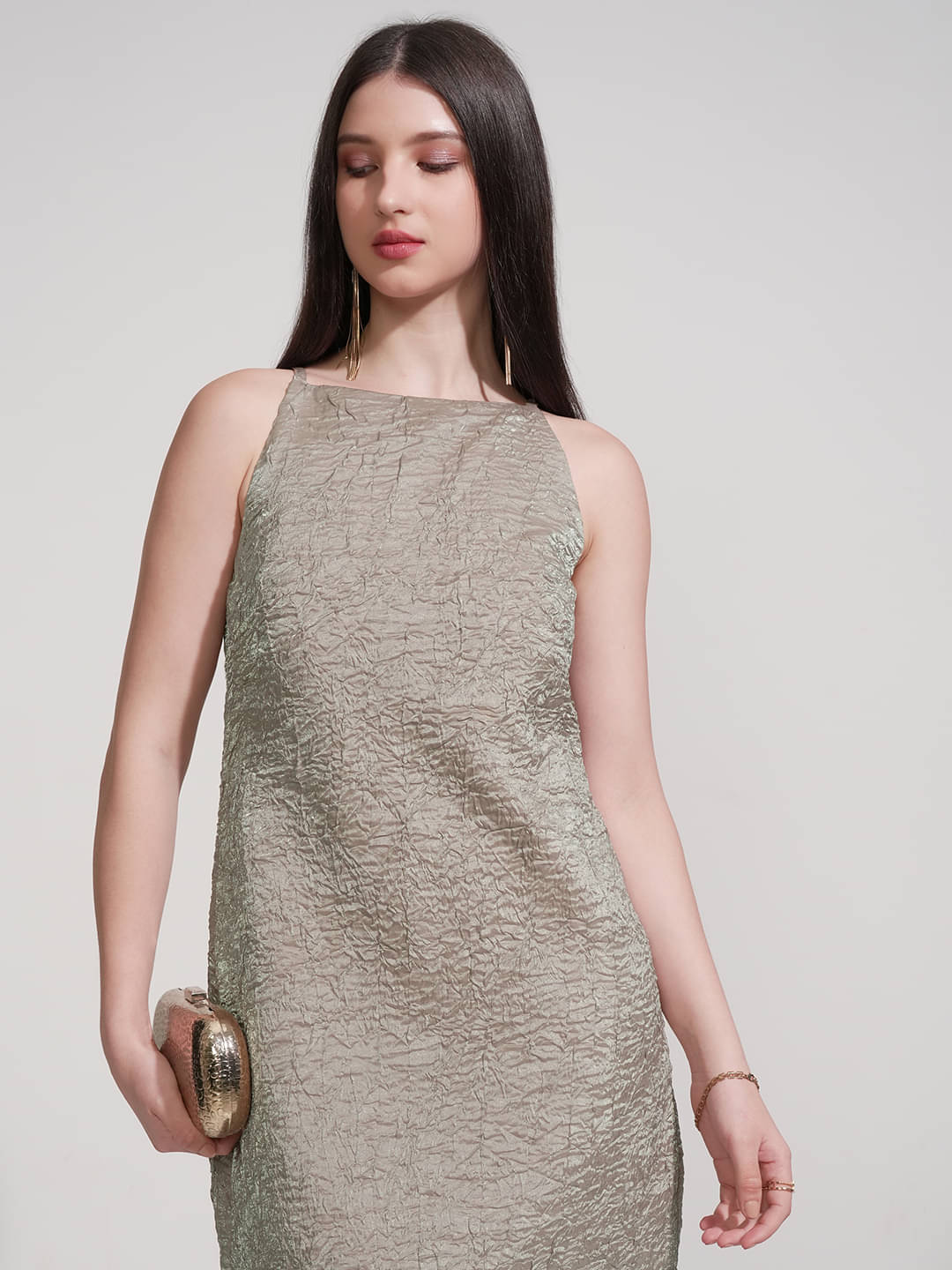 Tokyo Talkies Women Polyester Solid Fit & Flare Dress ( Tan )     			Tokyo Talkies Women Polyester Solid Fit & Flare Dress ( Tan )