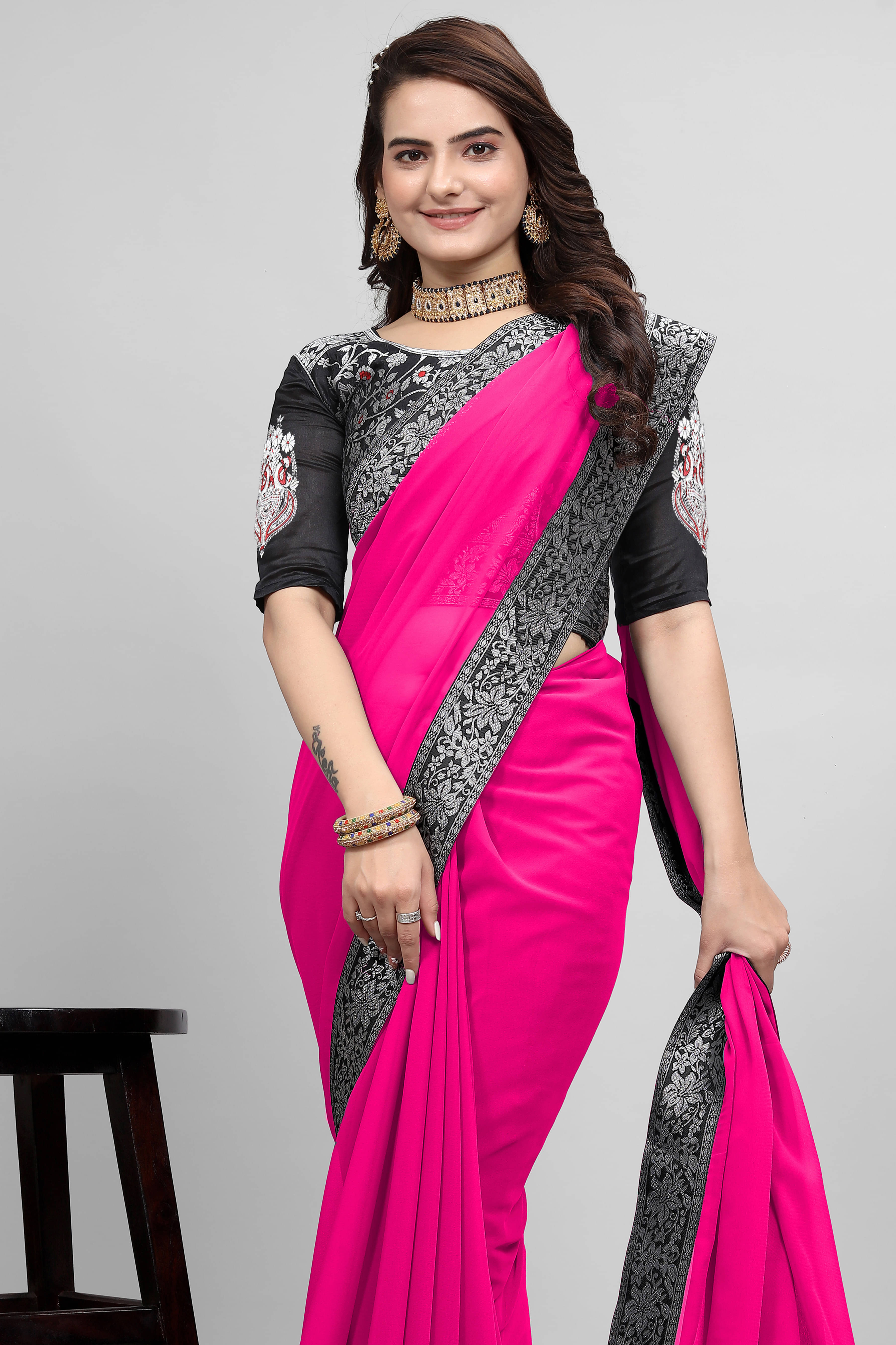 Aai Shree Khodiyar Chiffon Solid Saree With Unstitched Blouse Piece ( Blue )     			Aai Shree Khodiyar Chiffon Solid Saree With Unstitched Blouse Piece ( Blue )