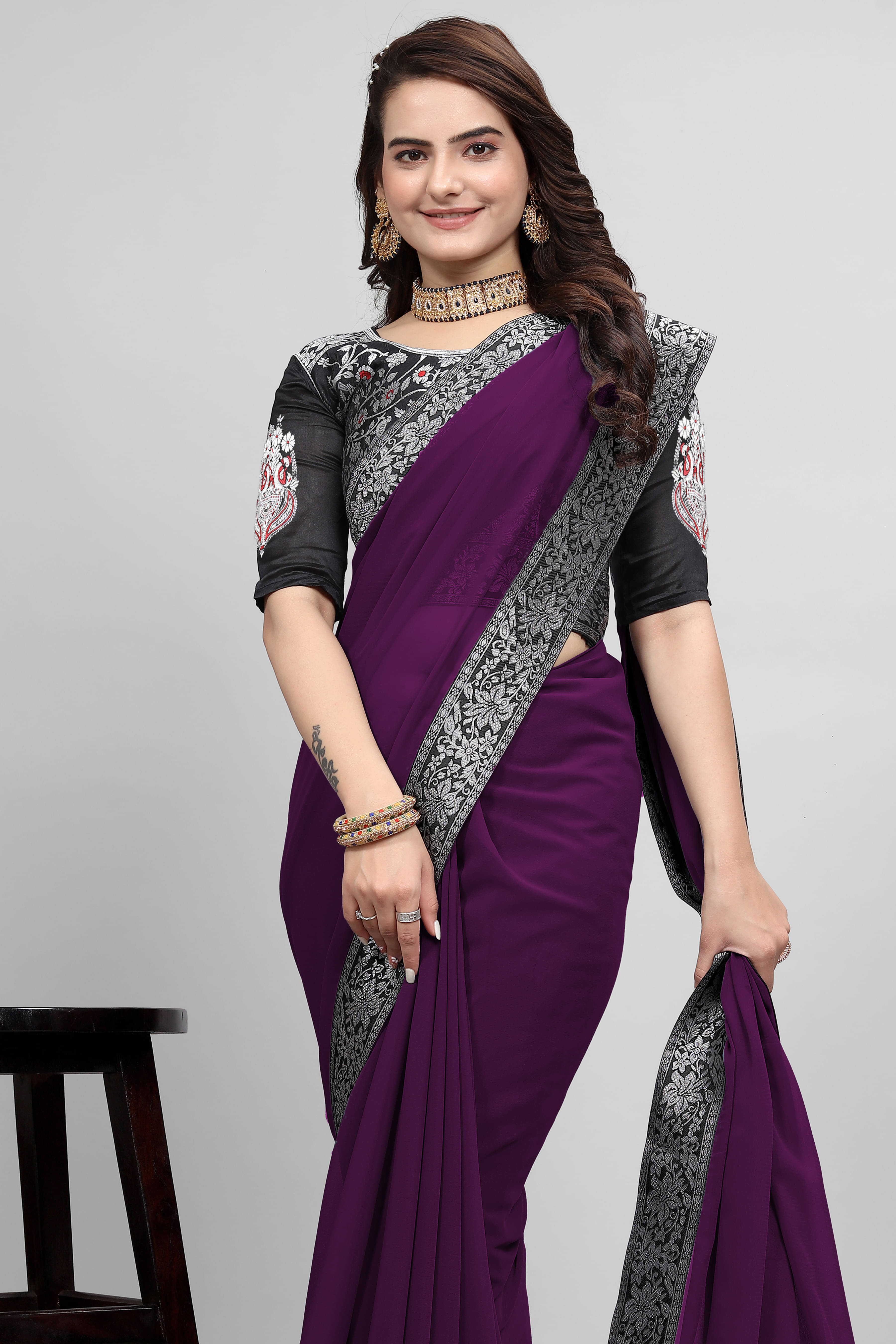 Aai Shree Khodiyar Chiffon Solid Saree With Unstitched Blouse Piece ( Purple )     			Aai Shree Khodiyar Chiffon Solid Saree With Unstitched Blouse Piece ( Purple )