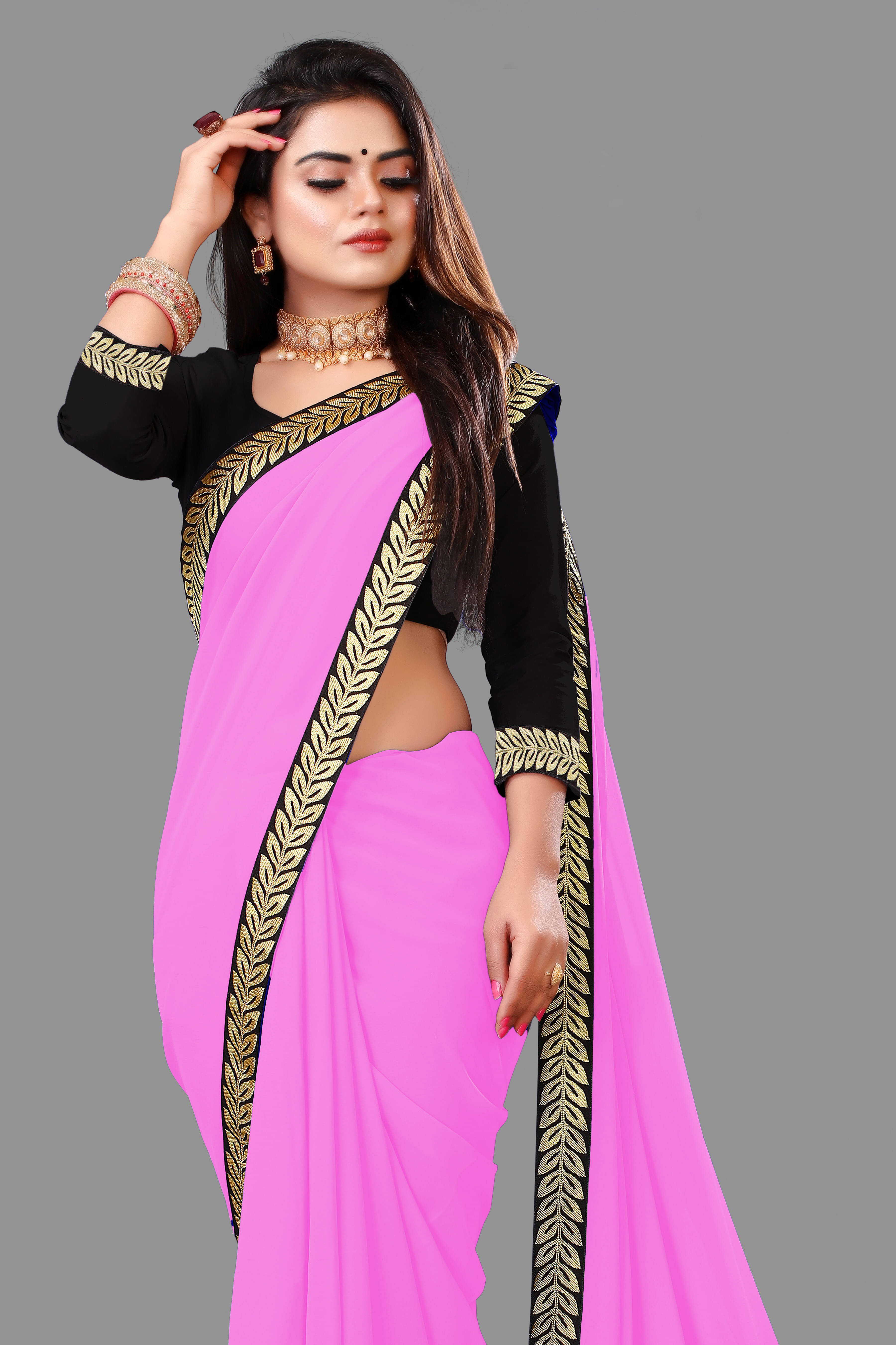 Aai Shree Khodiyar Georgette Embellished Saree With Unstitched Blouse Piece ( Pink )     			Aai Shree Khodiyar Georgette Embellished Saree With Unstitched Blouse Piece ( Pink )