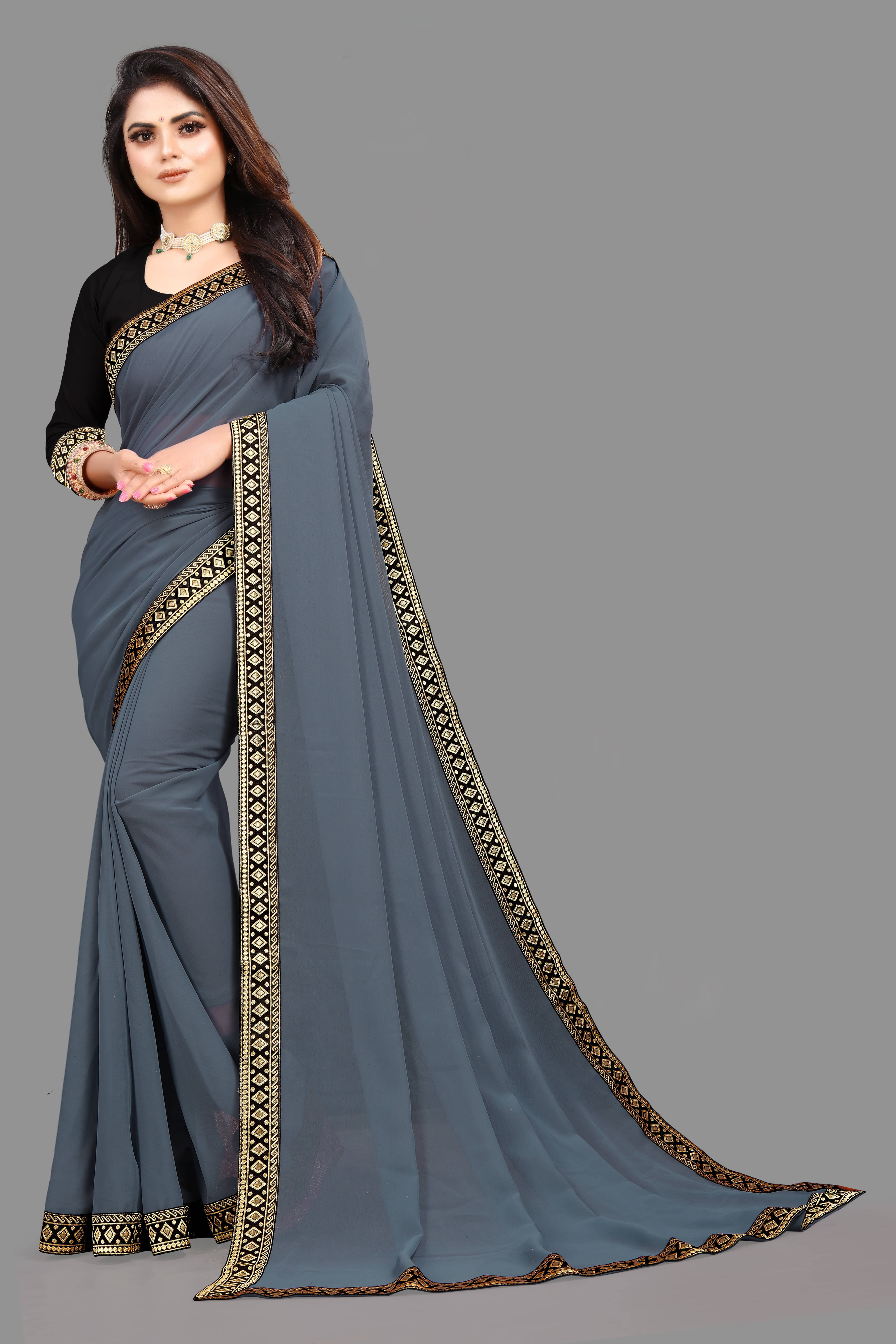 Aai Shree Khodiyar Georgette Embroidered Saree With Unstitched Blouse Piece ( Grey ) Aai Shree Khodiyar Georgette Embroidered Saree With Unstitched Blouse Piece ( Grey )