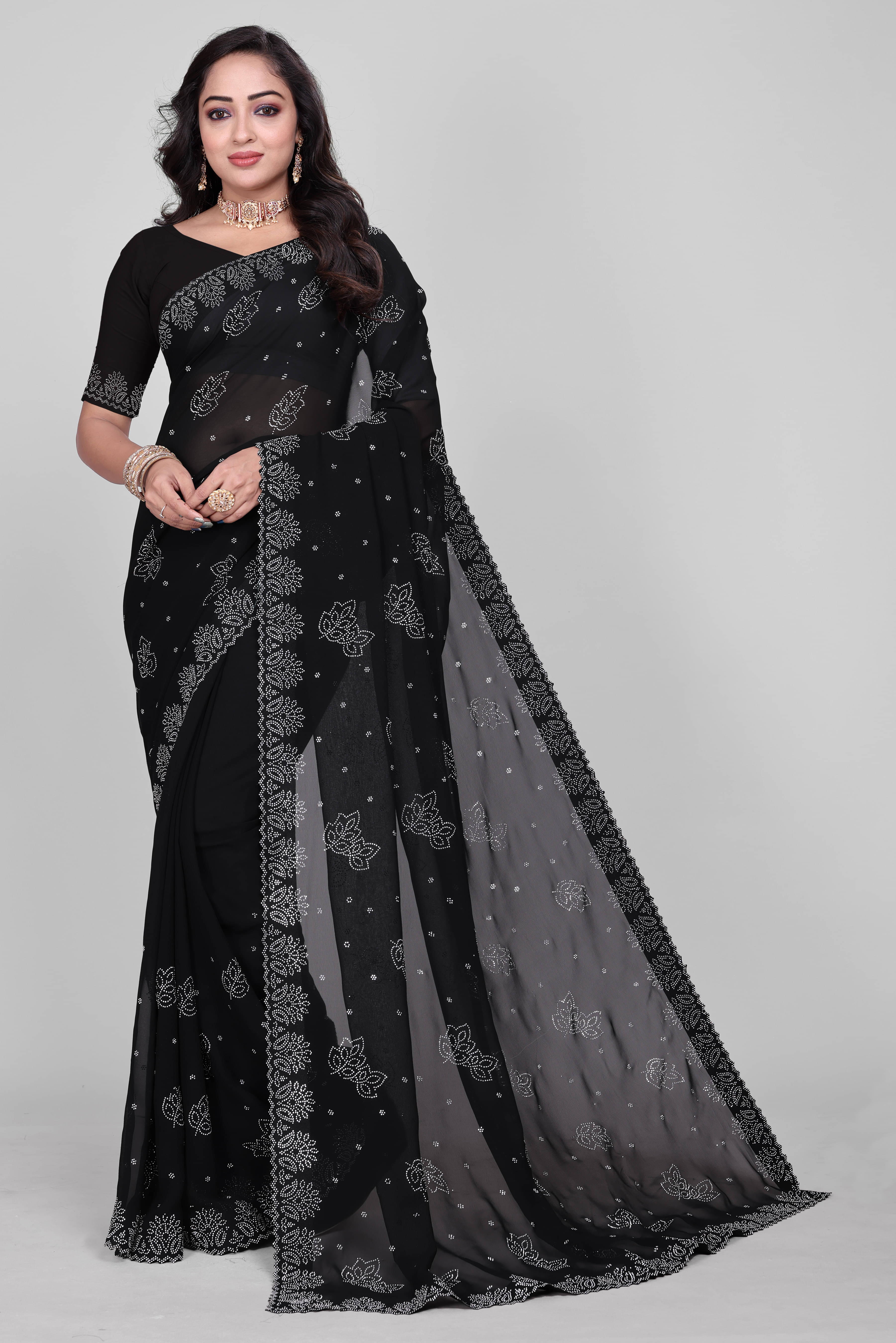 Aai Shree Khodiyar Georgette Embroidered Saree With Unstitched Blouse Piece ( Black )     			Aai Shree Khodiyar Georgette Embroidered Saree With Unstitched Blouse Piece ( Black )