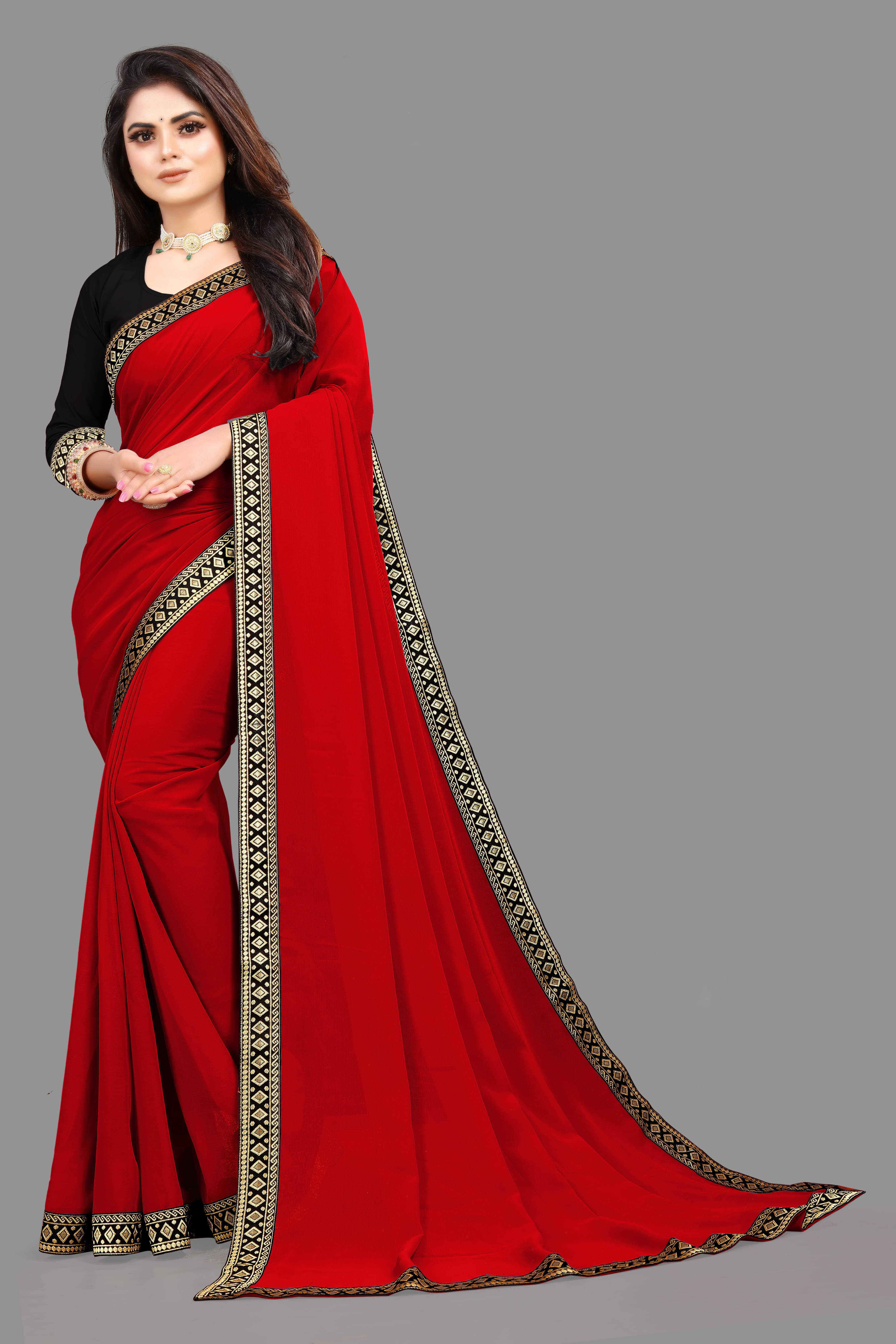 Aai Shree Khodiyar Georgette Embroidered Saree With Unstitched Blouse Piece ( Red )     			Aai Shree Khodiyar Georgette Embroidered Saree With Unstitched Blouse Piece ( Red )