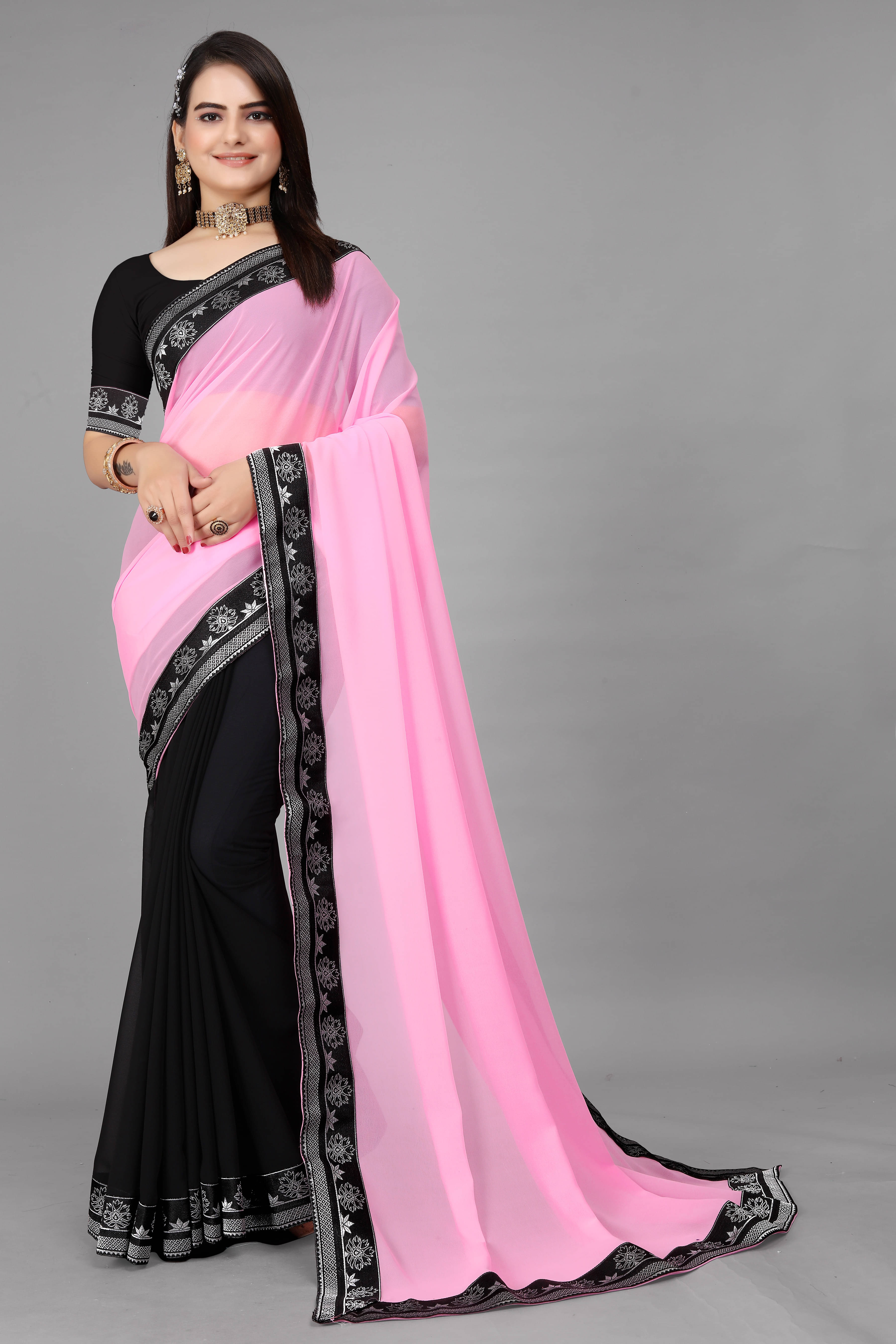     			Aai Shree Khodiyar Georgette Self Design Saree With Unstitched Blouse Piece ( Pink )