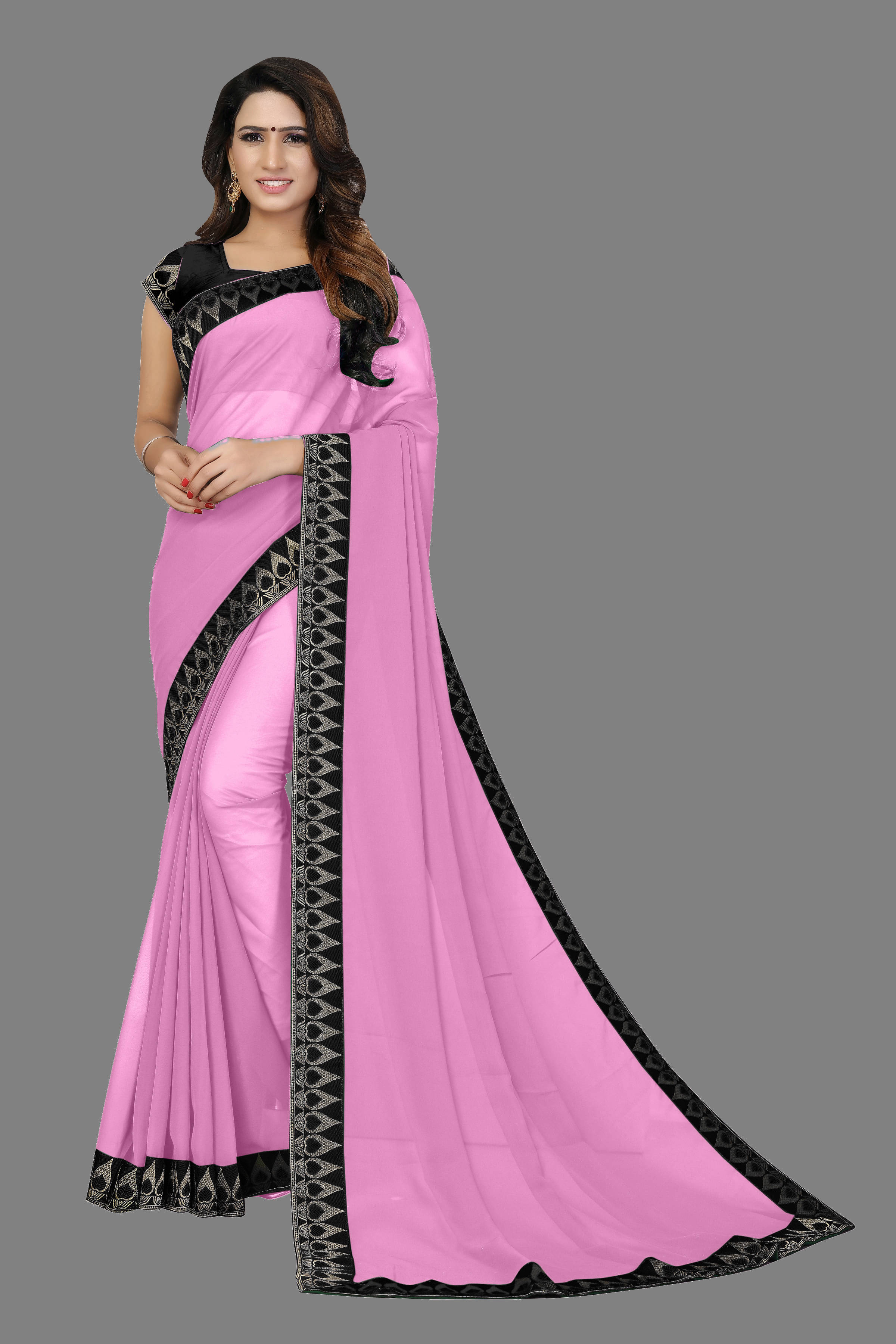 Aai Shree Khodiyar Georgette Self Design Saree With Unstitched Blouse Piece ( Pink )     			Aai Shree Khodiyar Georgette Self Design Saree With Unstitched Blouse Piece ( Pink )