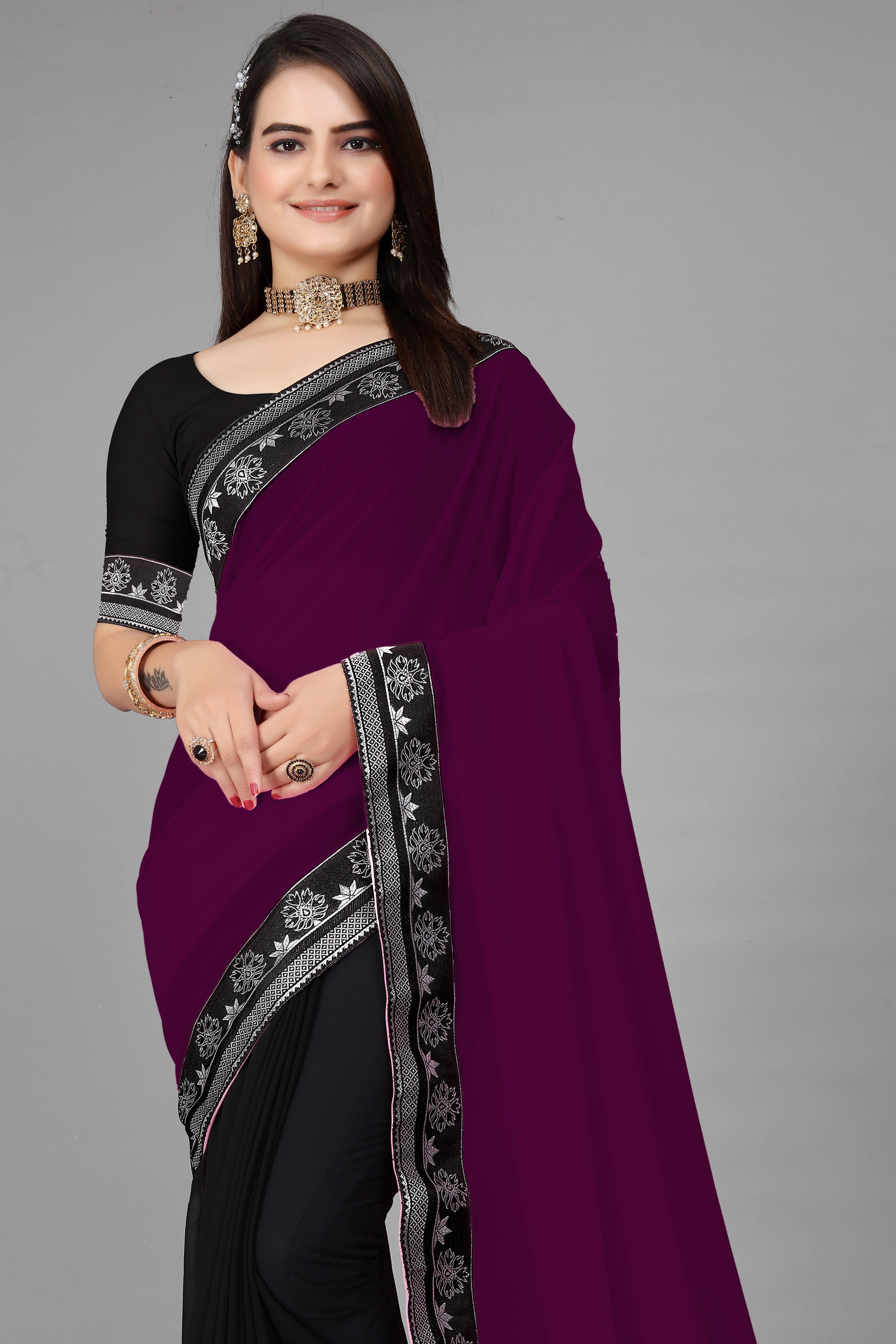 Aai Shree Khodiyar Georgette Self Design Saree With Unstitched Blouse Piece ( Multicolor )     			Aai Shree Khodiyar Georgette Self Design Saree With Unstitched Blouse Piece ( Multicolor )