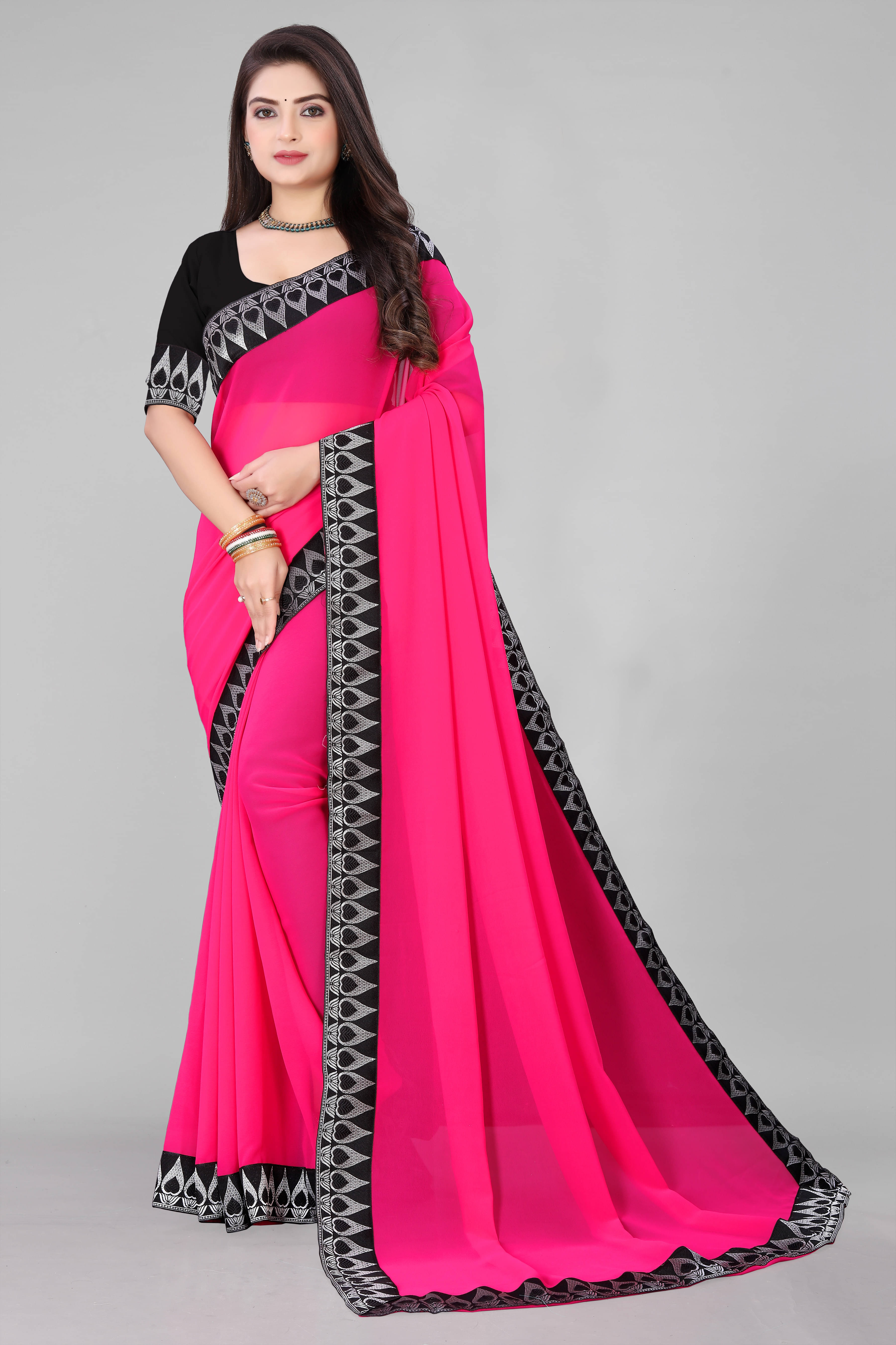 Aai Shree Khodiyar Georgette Self Design Saree With Unstitched Blouse Piece ( Pink ) Aai Shree Khodiyar Georgette Self Design Saree With Unstitched Blouse Piece ( Pink )