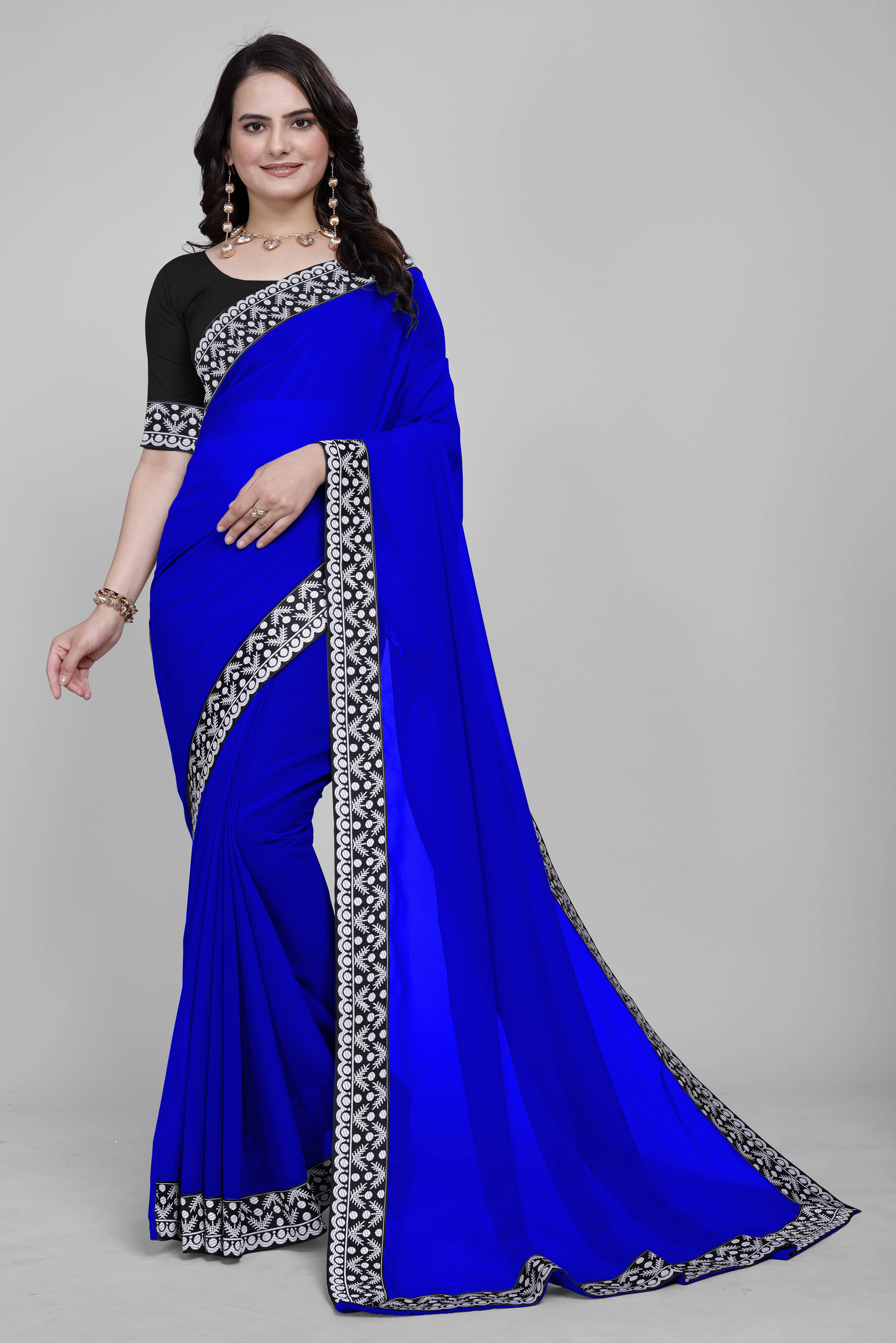 Aai Shree Khodiyar Georgette Solid Banarasi saree With Unstitched Blouse Piece ( Navy Blue ) Aai Shree Khodiyar Georgette Solid Banarasi saree With Unstitched Blouse Piece ( Navy Blue )