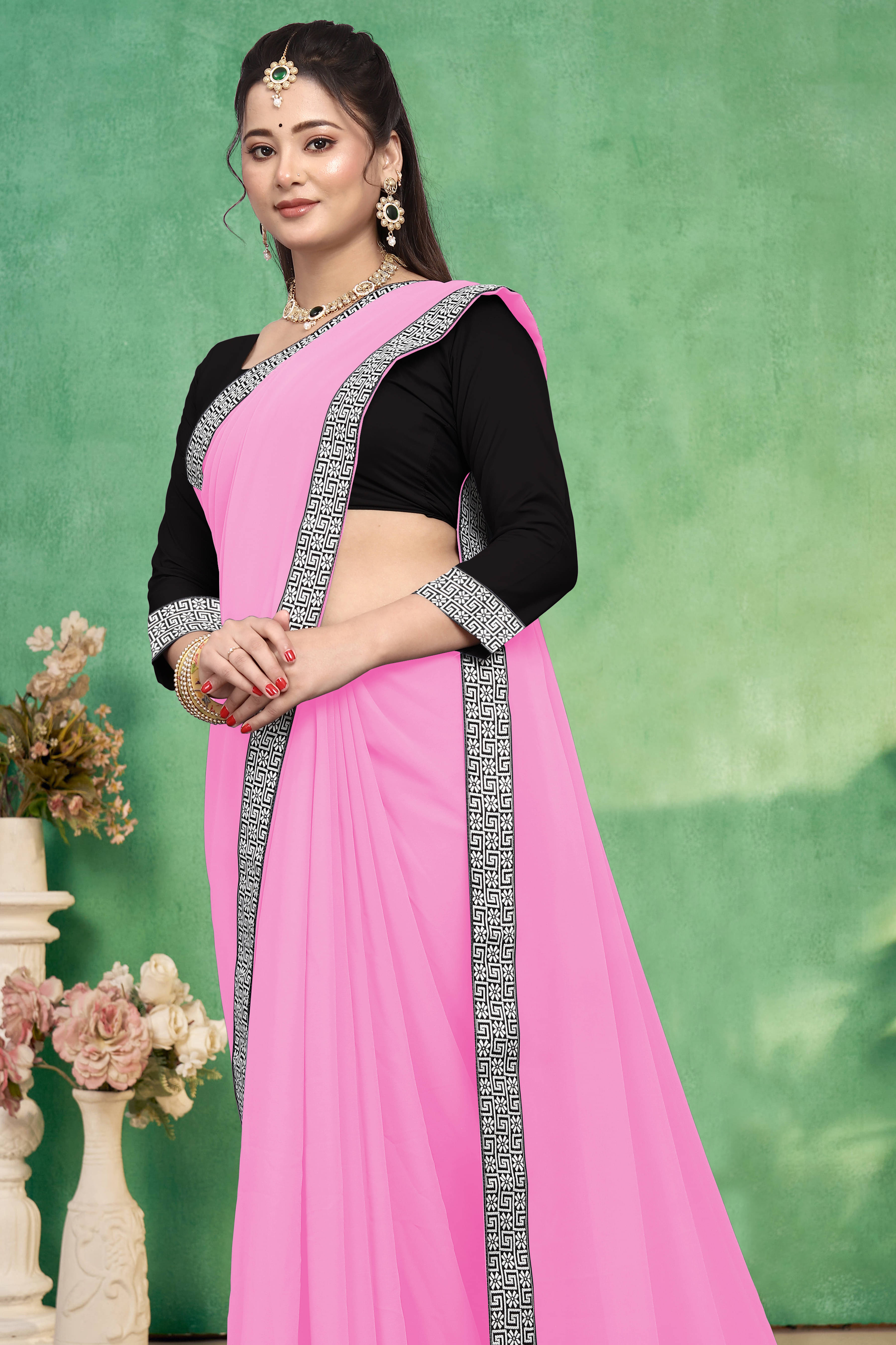 Aai Shree Khodiyar Georgette Self Design Saree With Unstitched Blouse Piece ( Pink ) Aai Shree Khodiyar Georgette Self Design Saree With Unstitched Blouse Piece ( Pink )