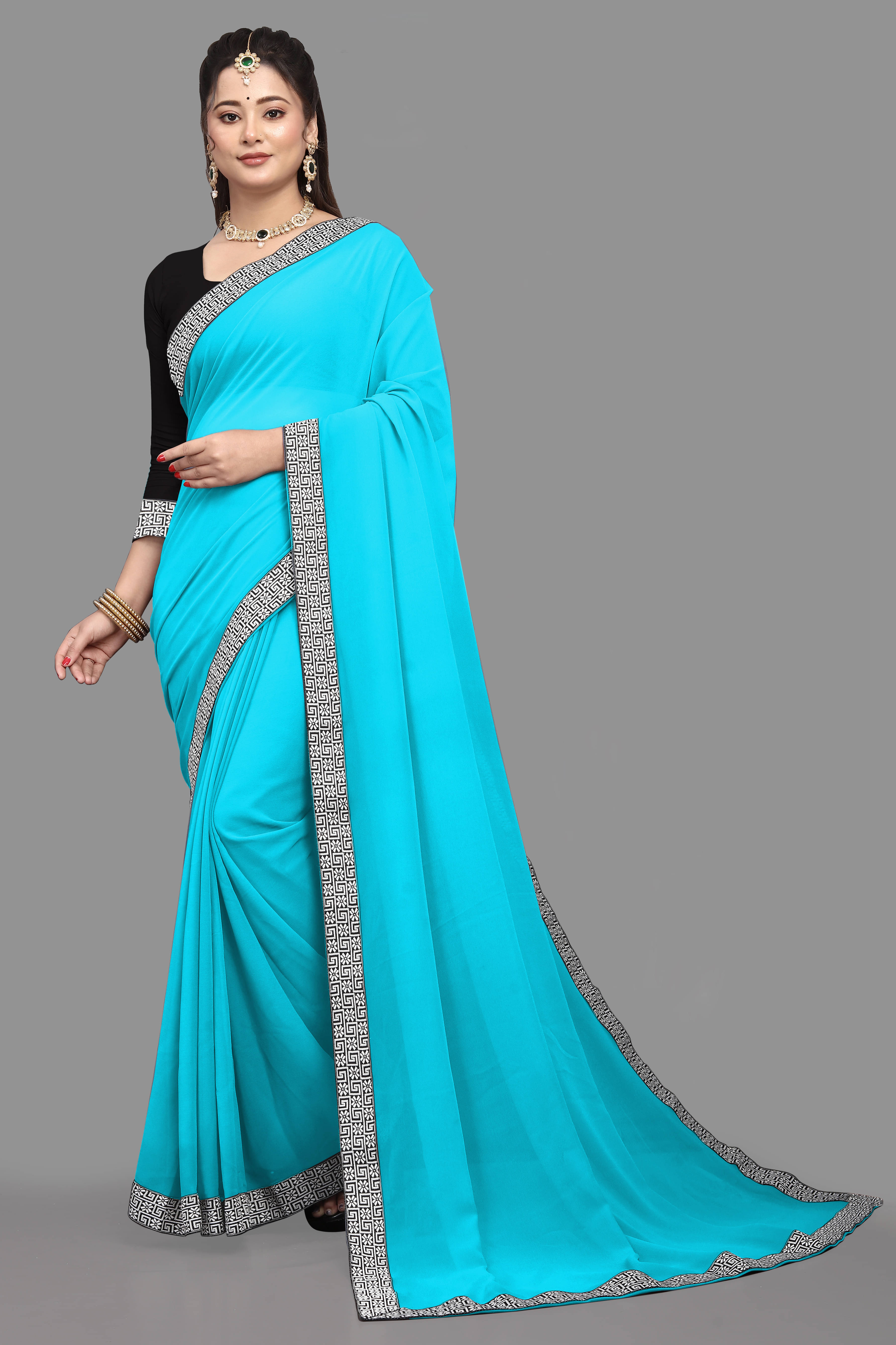 Aai Shree Khodiyar Georgette Self Design Saree With Unstitched Blouse Piece ( Light Blue ) Aai Shree Khodiyar Georgette Self Design Saree With Unstitched Blouse Piece ( Light Blue )
