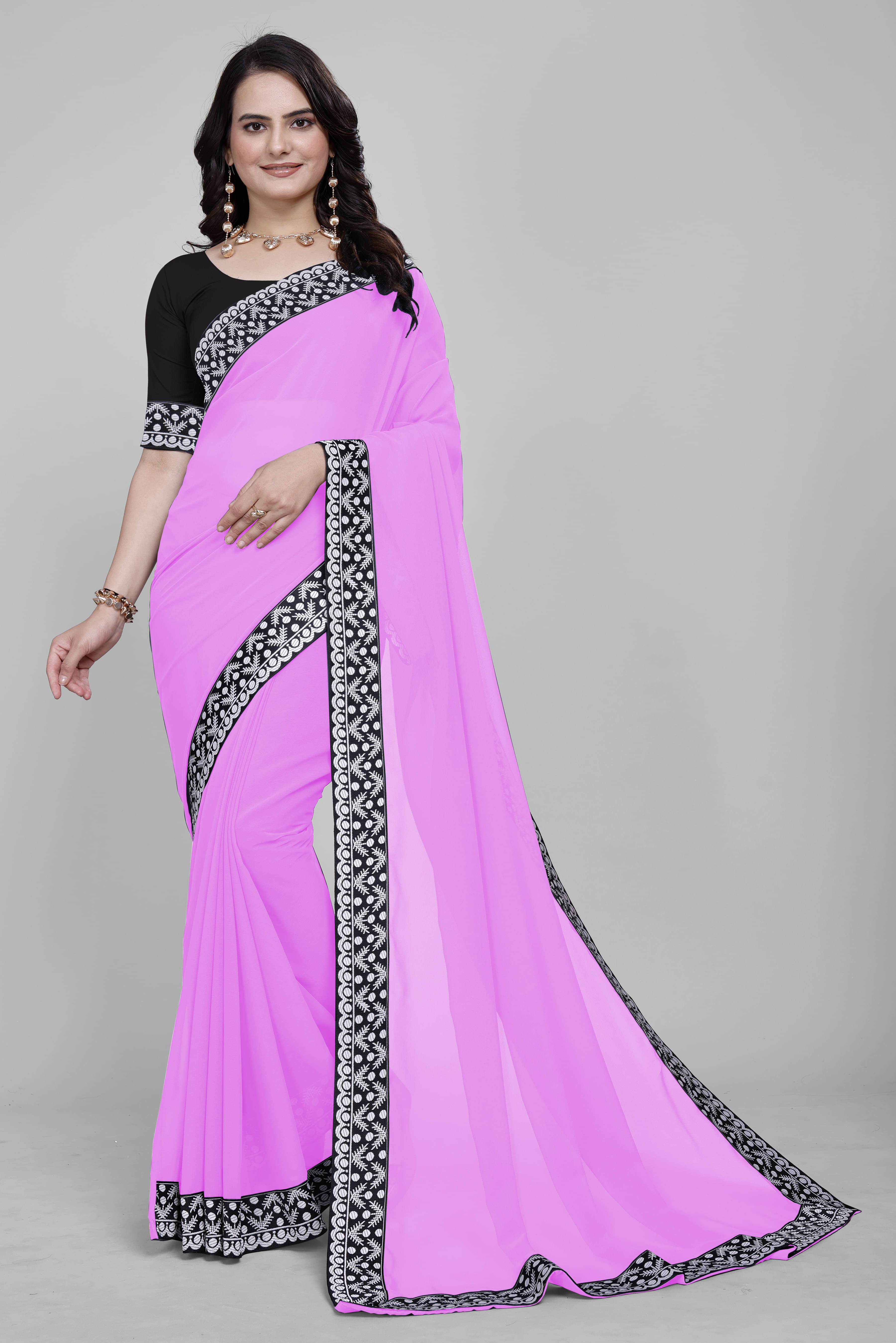 Aai Shree Khodiyar Georgette Self Design Saree With Unstitched Blouse Piece ( Pink )     			Aai Shree Khodiyar Georgette Self Design Saree With Unstitched Blouse Piece ( Pink )