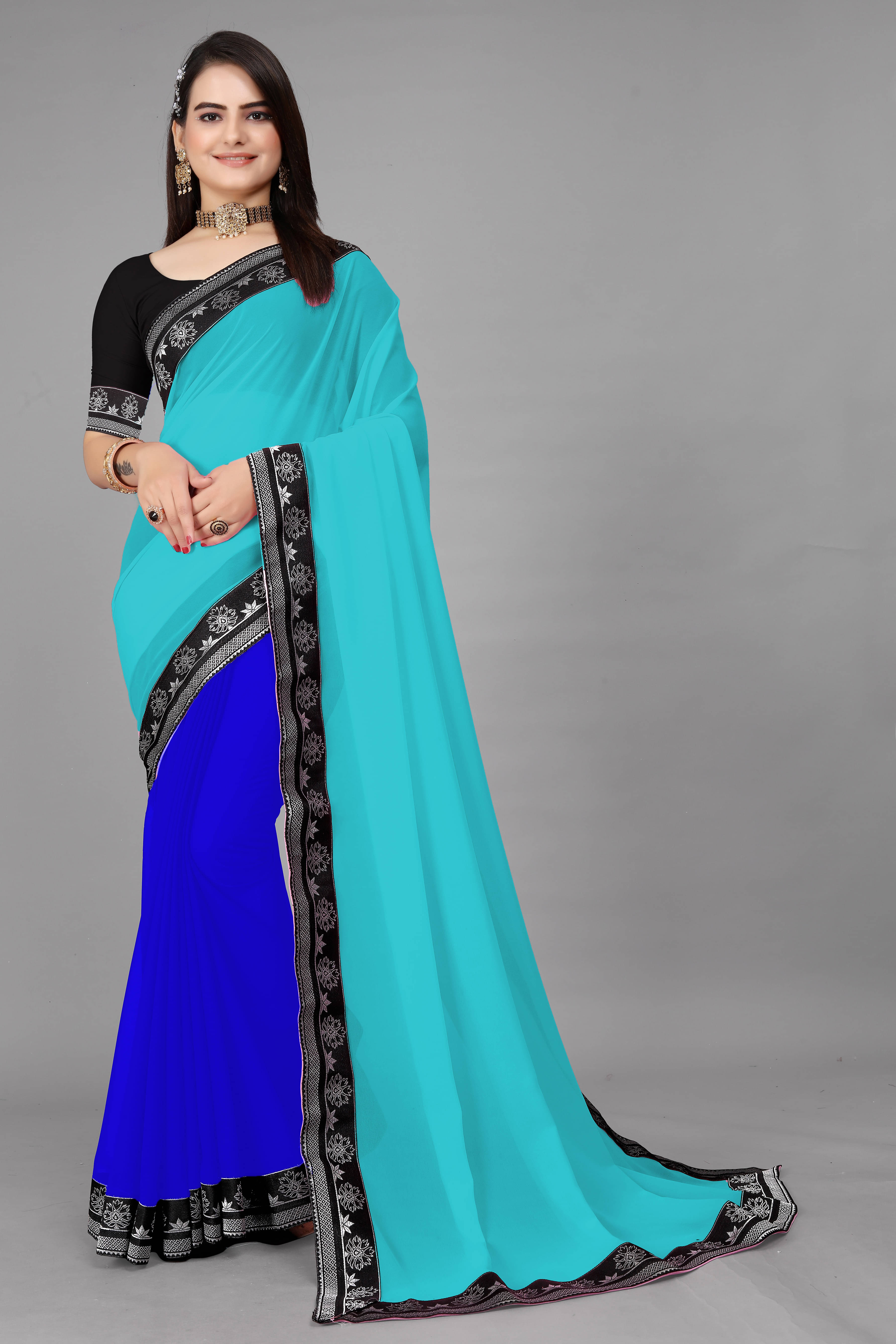 Aai Shree Khodiyar Georgette Self Design Saree With Unstitched Blouse Piece ( Multicolor )     			Aai Shree Khodiyar Georgette Self Design Saree With Unstitched Blouse Piece ( Multicolor )