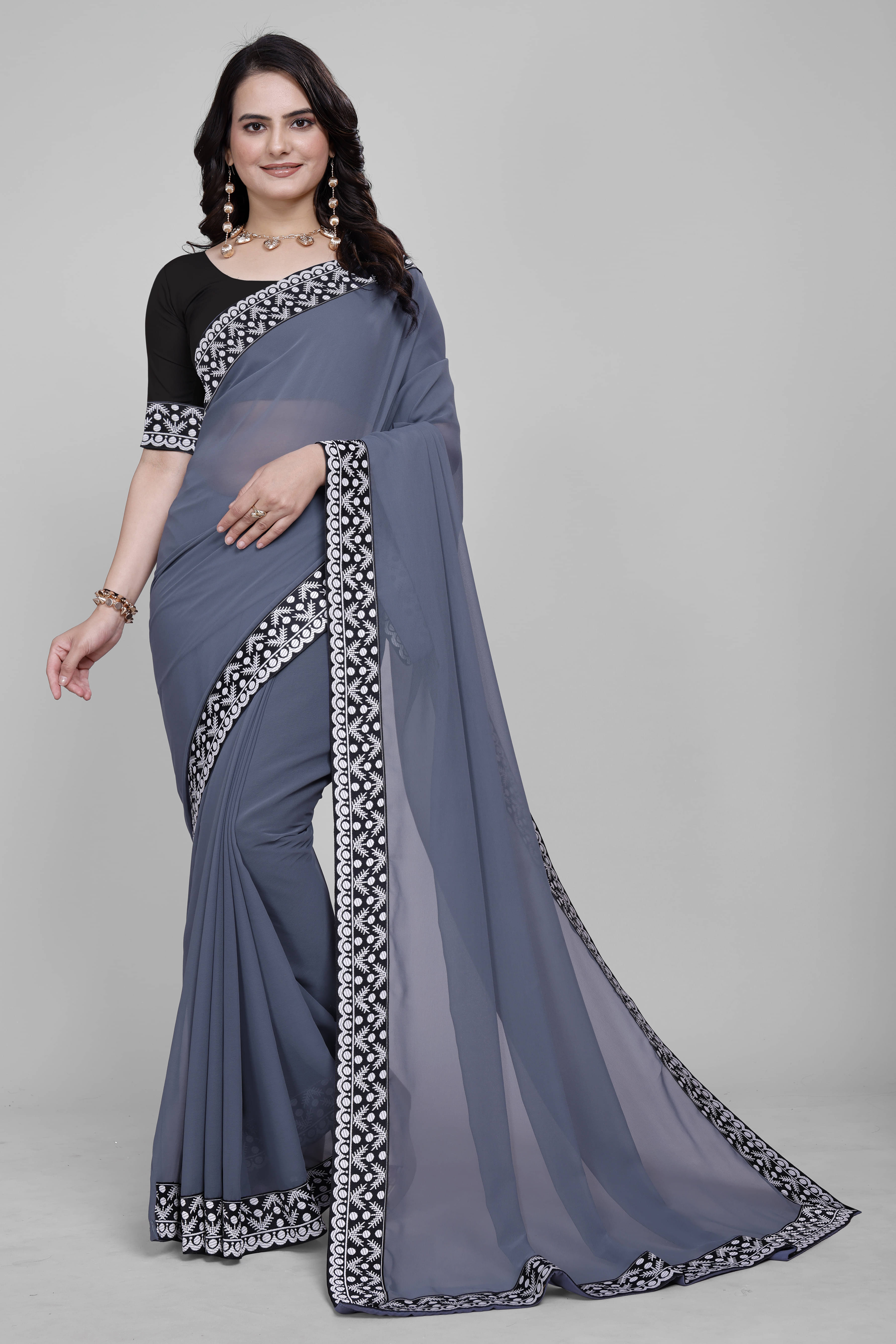 Aai Shree Khodiyar Georgette Self Design Saree With Unstitched Blouse Piece ( Grey ) Aai Shree Khodiyar Georgette Self Design Saree With Unstitched Blouse Piece ( Grey )