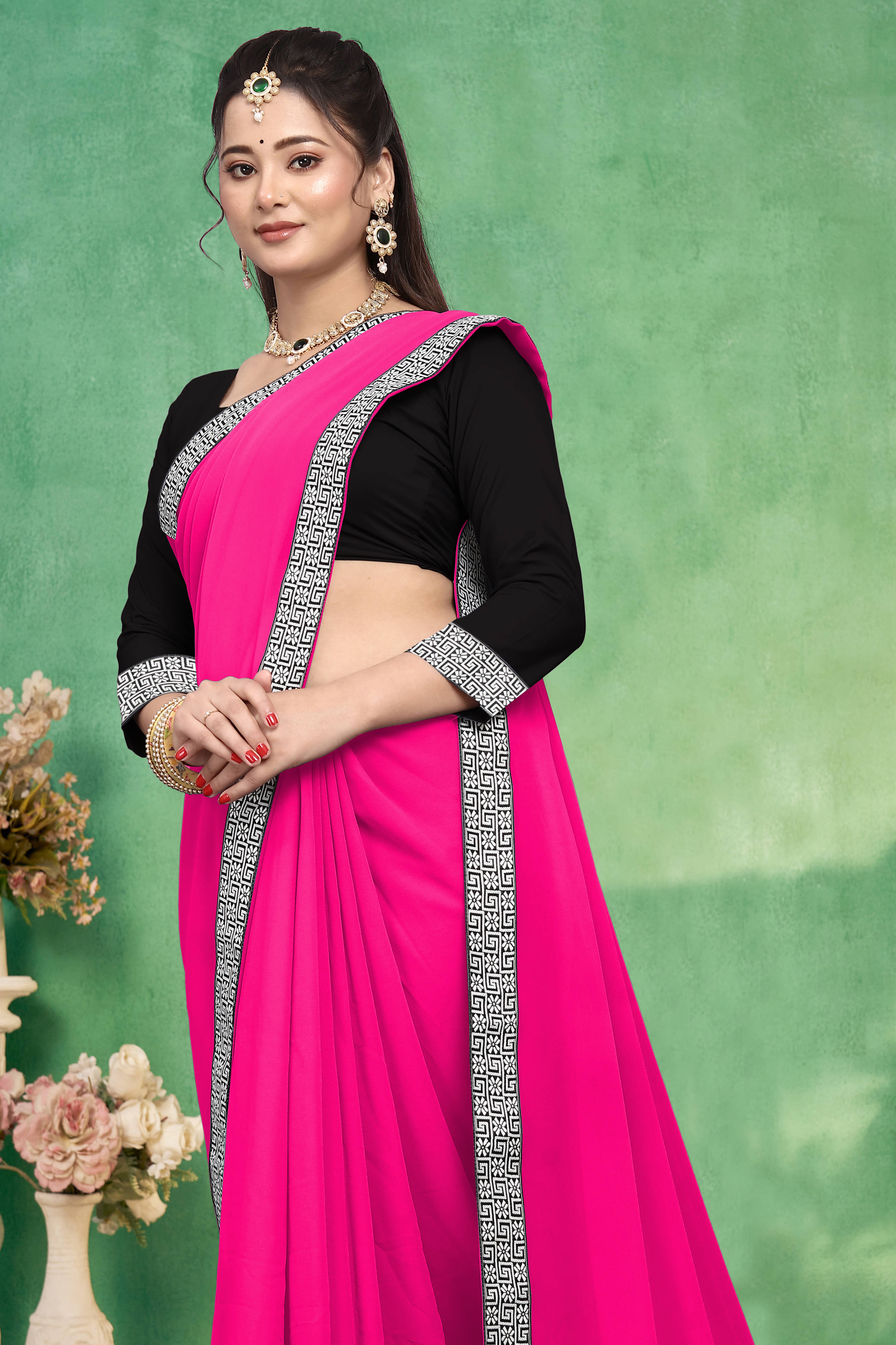 Aai Shree Khodiyar Georgette Self Design Saree With Unstitched Blouse Piece ( Pink ) Aai Shree Khodiyar Georgette Self Design Saree With Unstitched Blouse Piece ( Pink )