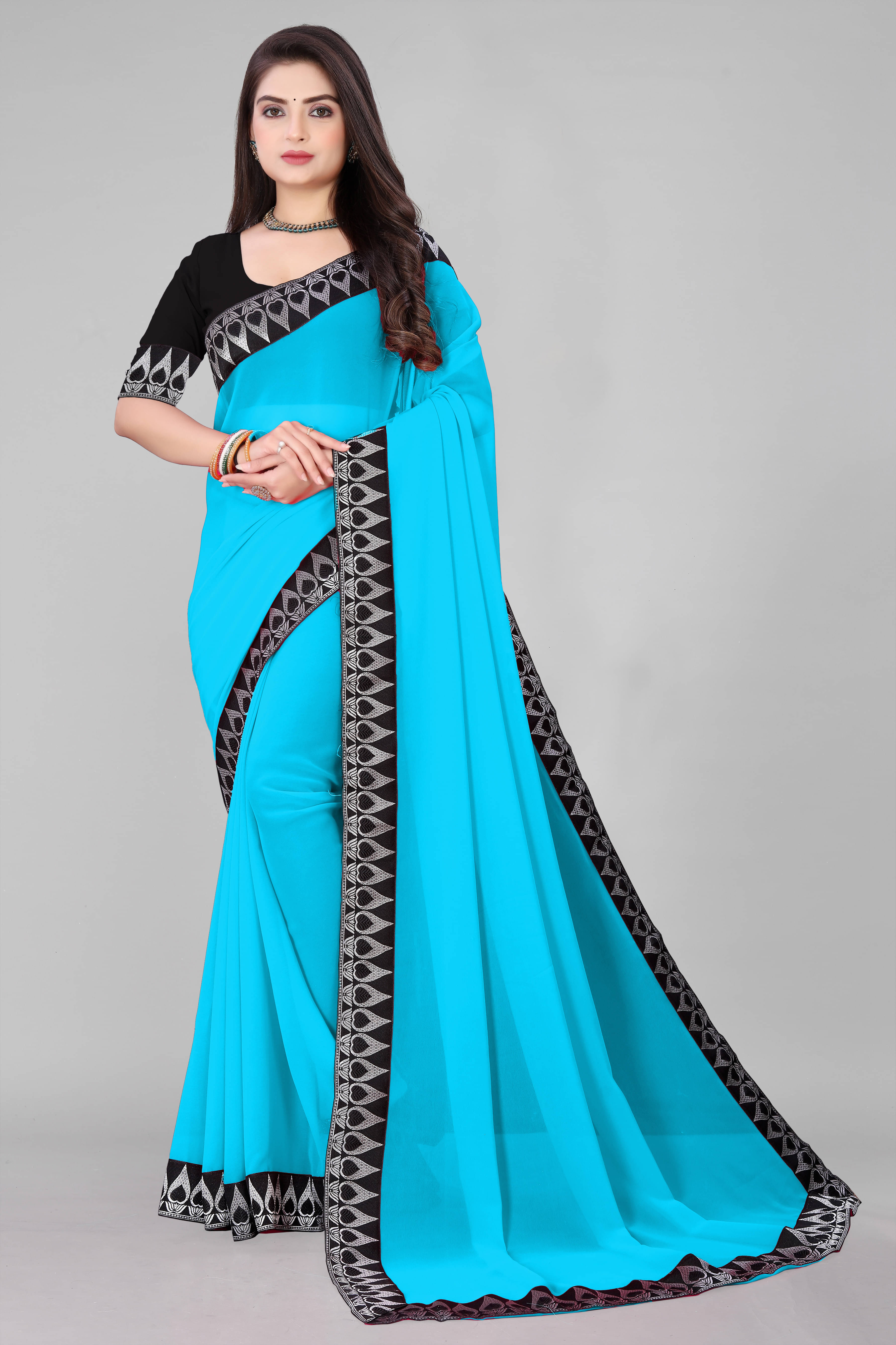 Aai Shree Khodiyar Georgette Self Design Saree With Unstitched Blouse Piece ( Blue ) Aai Shree Khodiyar Georgette Self Design Saree With Unstitched Blouse Piece ( Blue )