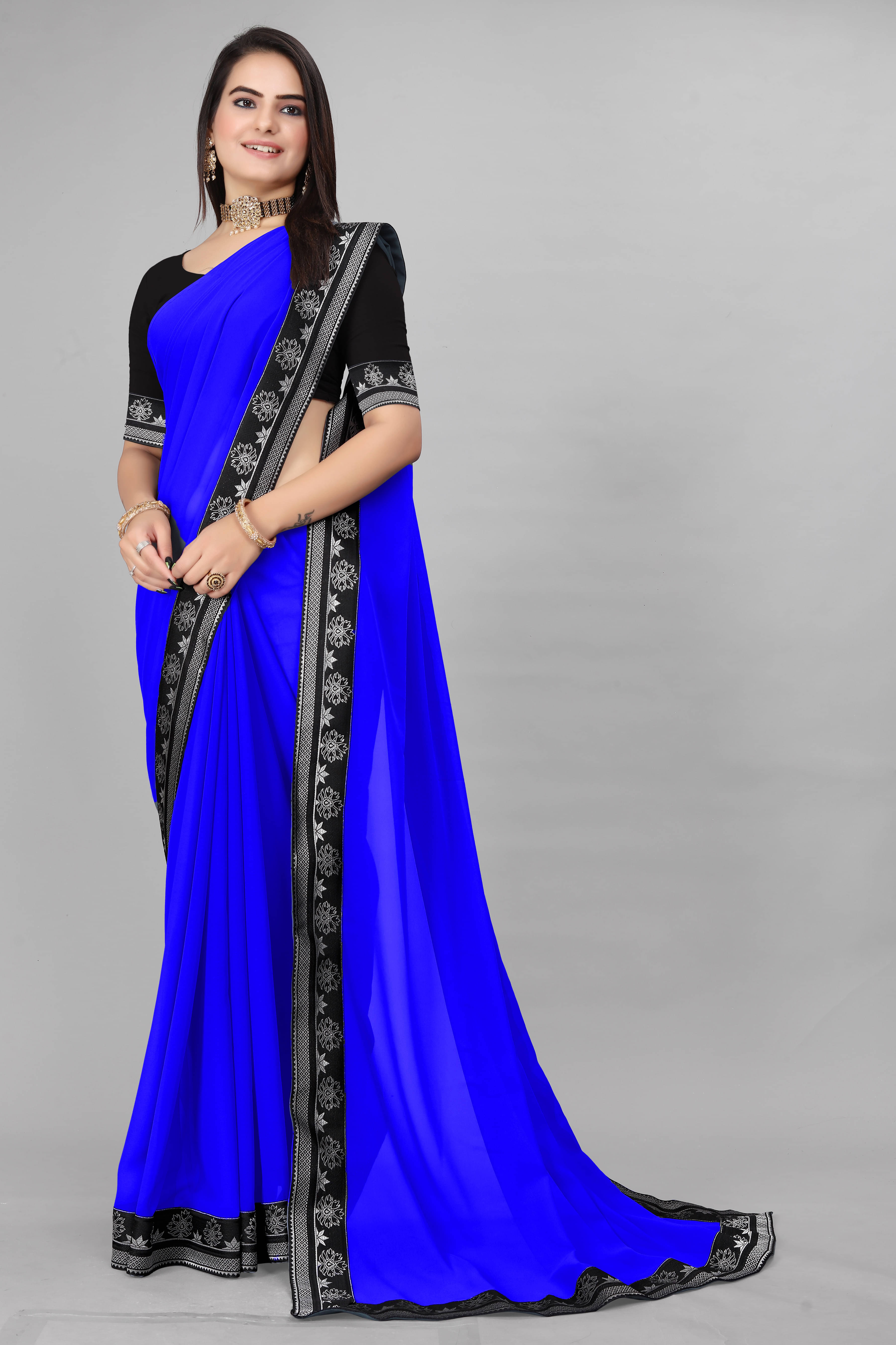 Aai Shree Khodiyar Georgette Solid Saree With Unstitched Blouse Piece ( Navy Blue ) Aai Shree Khodiyar Georgette Solid Saree With Unstitched Blouse Piece ( Navy Blue )