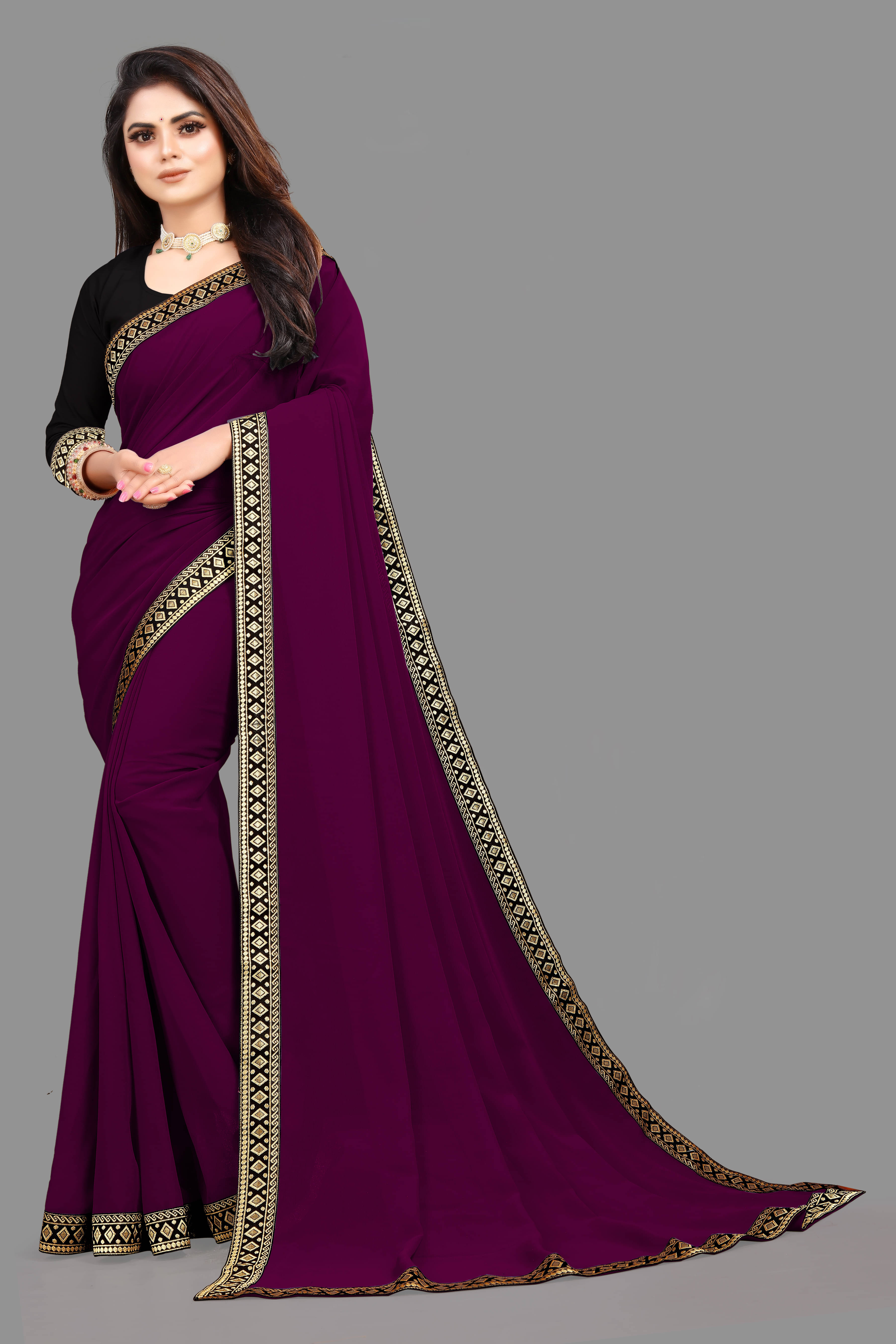     			Aai Shree Khodiyar Georgette Solid Saree With Unstitched Blouse Piece ( Purple )
