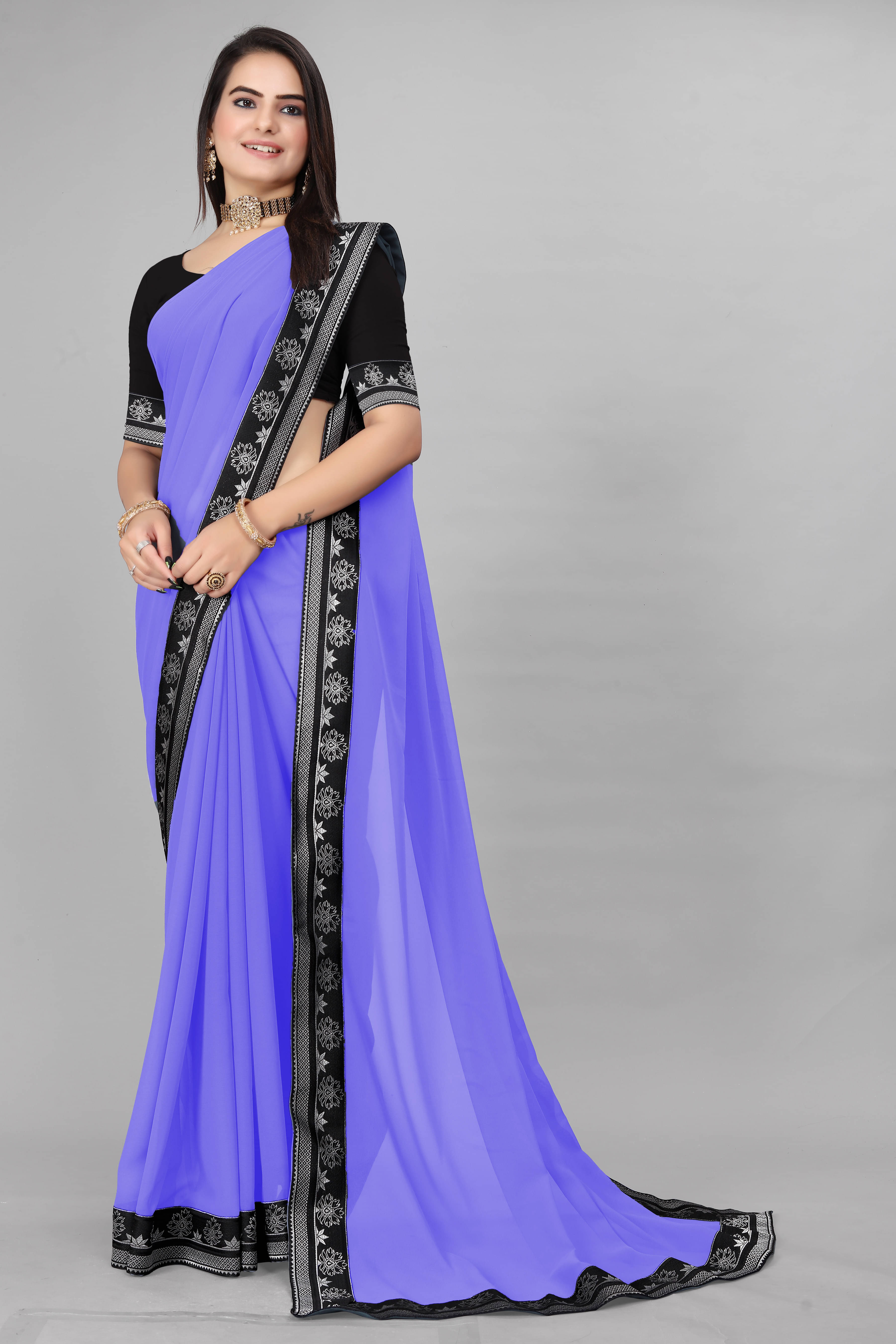 Aai Shree Khodiyar Georgette Solid Saree With Unstitched Blouse Piece ( Light Blue )     			Aai Shree Khodiyar Georgette Solid Saree With Unstitched Blouse Piece ( Light Blue )