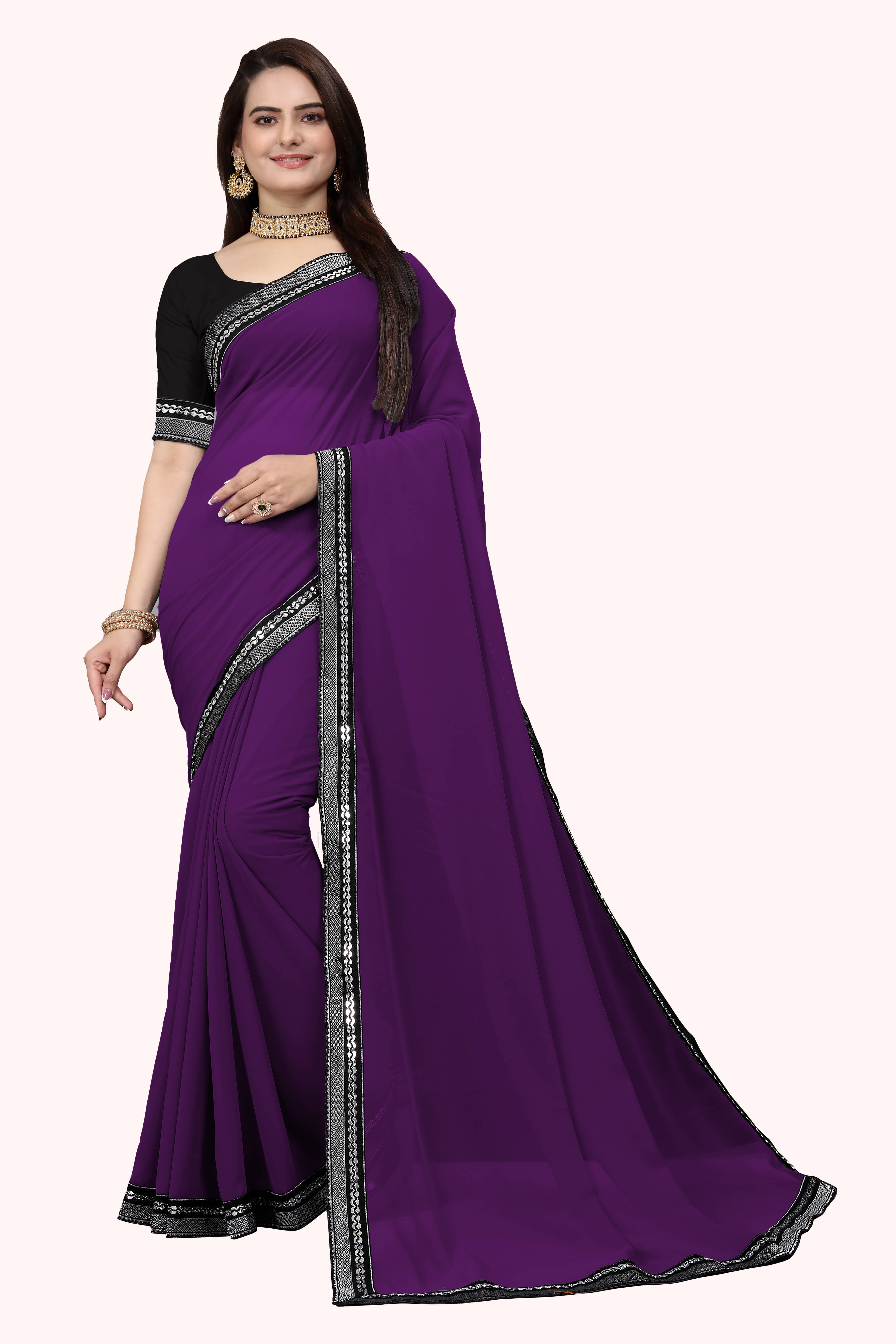 Aai Shree Khodiyar Georgette Solid Saree With Unstitched Blouse Piece ( Purple ) Aai Shree Khodiyar Georgette Solid Saree With Unstitched Blouse Piece ( Purple )