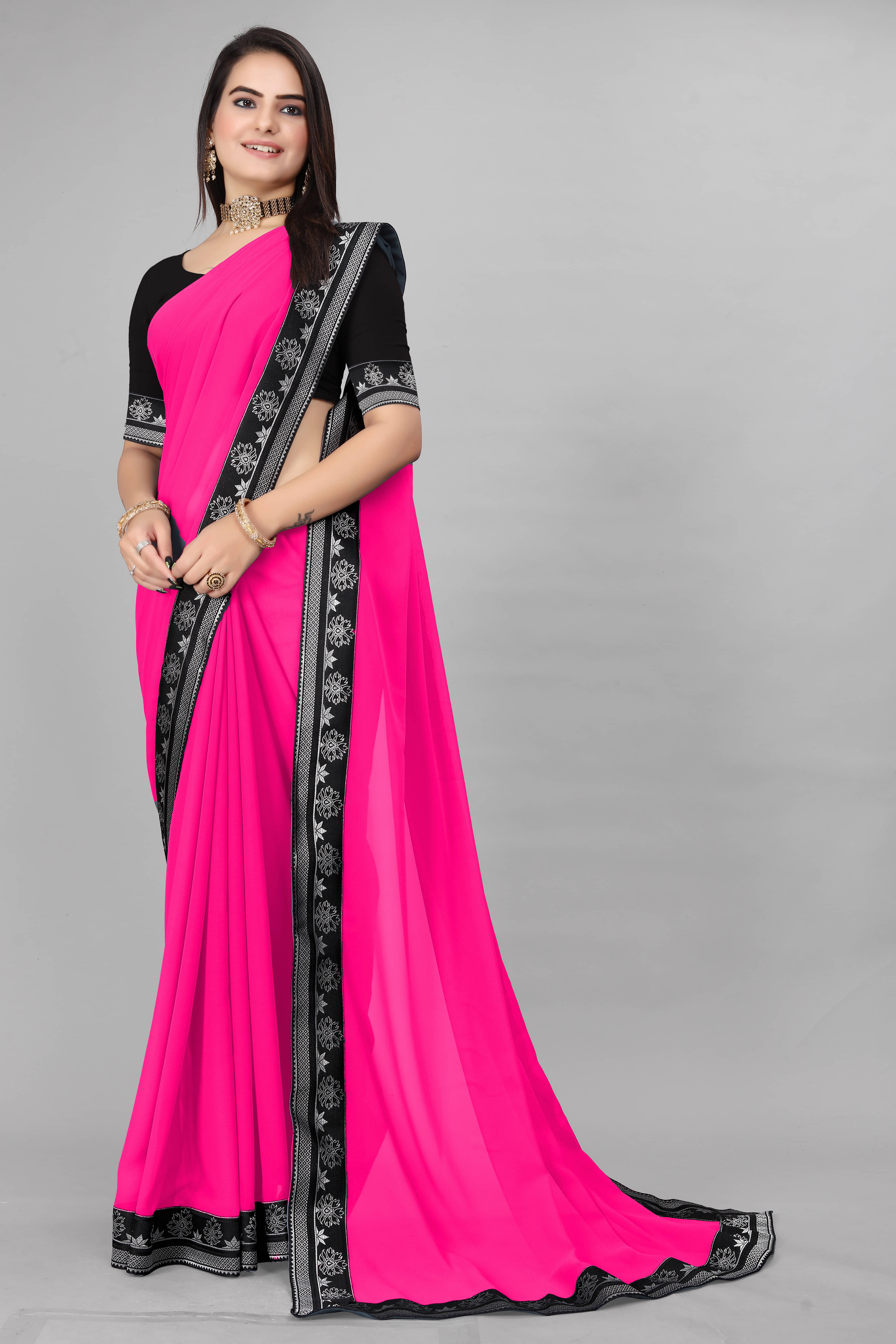 Aai Shree Khodiyar Georgette Solid Saree With Unstitched Blouse Piece ( Pink )     			Aai Shree Khodiyar Georgette Solid Saree With Unstitched Blouse Piece ( Pink )