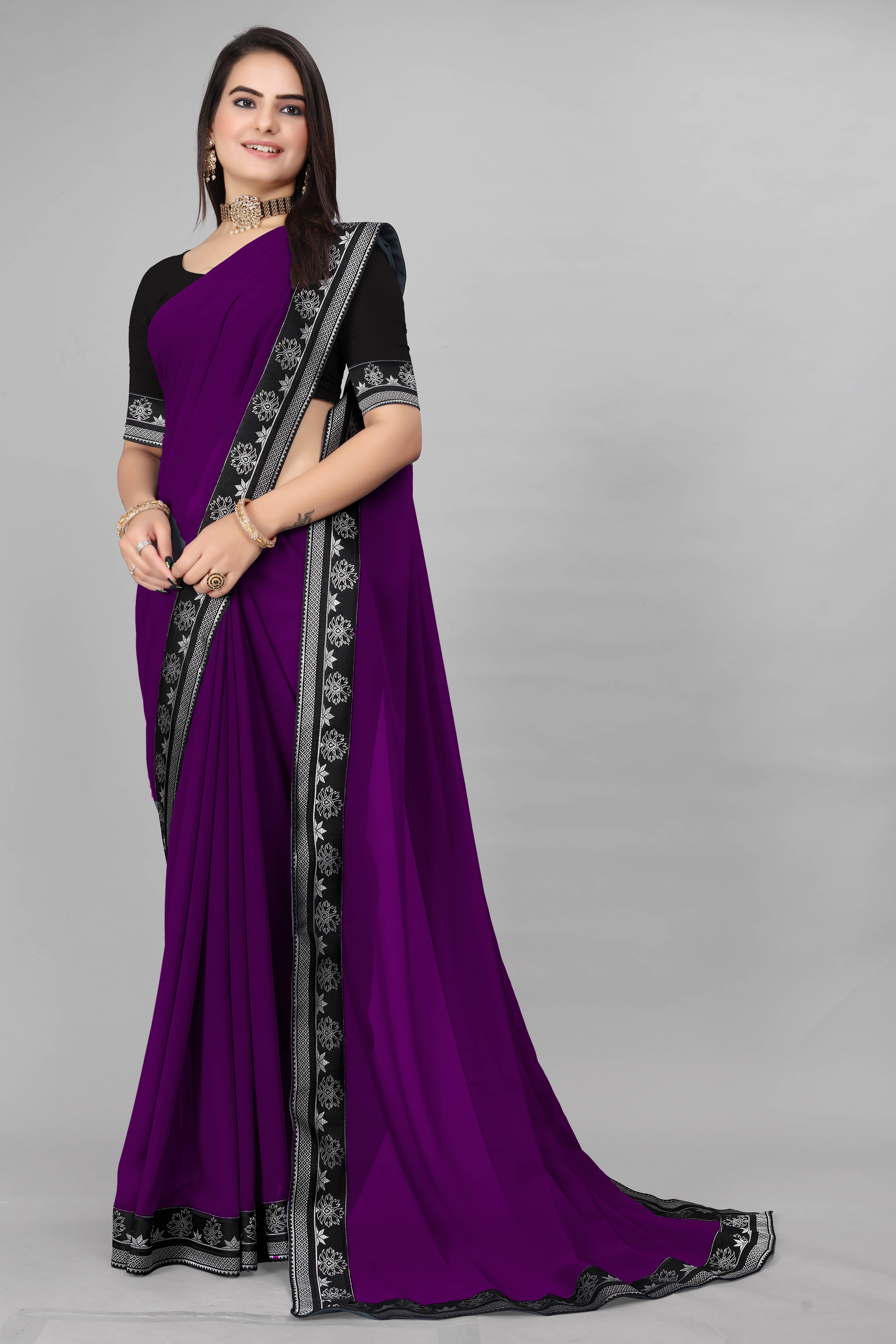     			Aai Shree Khodiyar Georgette Solid Saree With Unstitched Blouse Piece ( Purple )