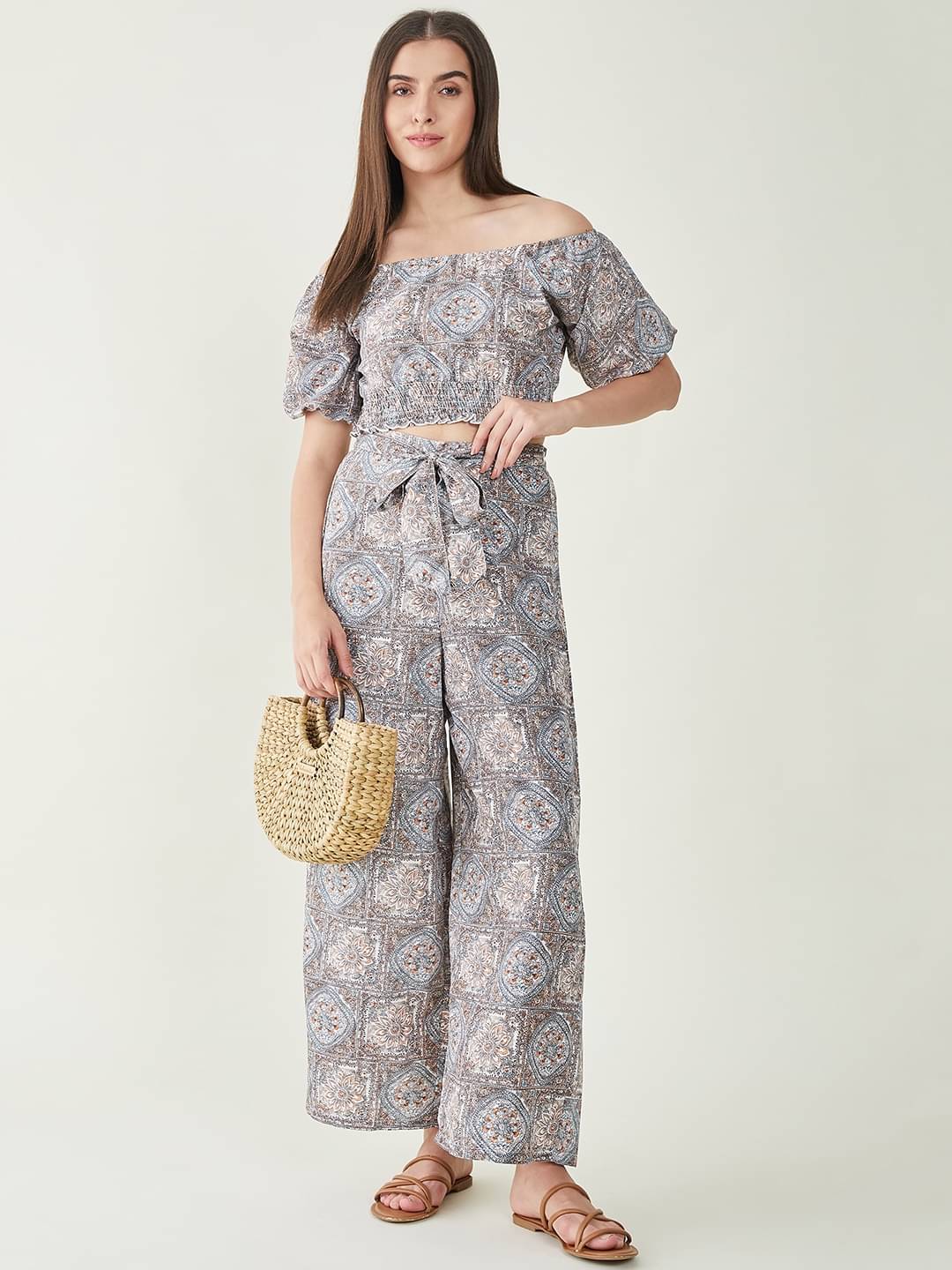     			Bitterlime Women Printed Top Palazzo Co-Ord Set ( Grey )