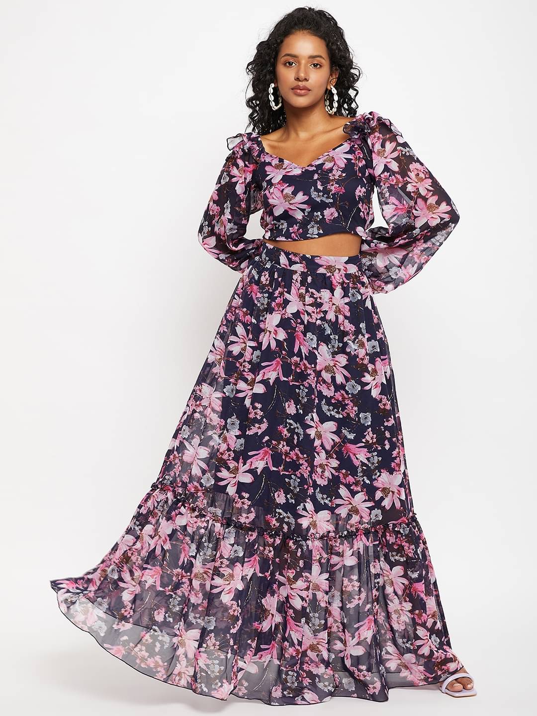     			Bitterlime Women Printed Top Skirt Co-Ord Set ( Navy Blue )