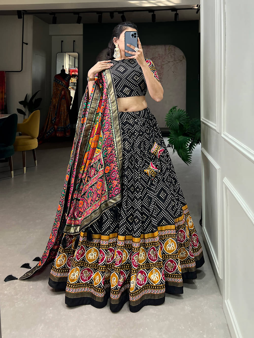 CYNOR Black Tussar Silk Circular Semi Stitched Lehenga Single CYNOR Black Tussar Silk Circular Semi Stitched Lehenga Single