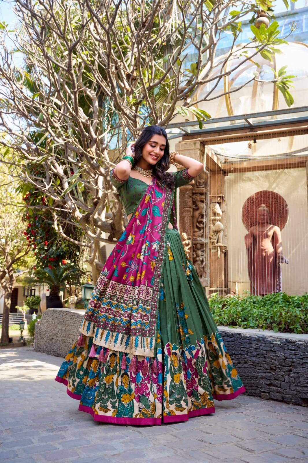 CYNOR Green Tussar Silk Circular Semi Stitched Lehenga Single CYNOR Green Tussar Silk Circular Semi Stitched Lehenga Single