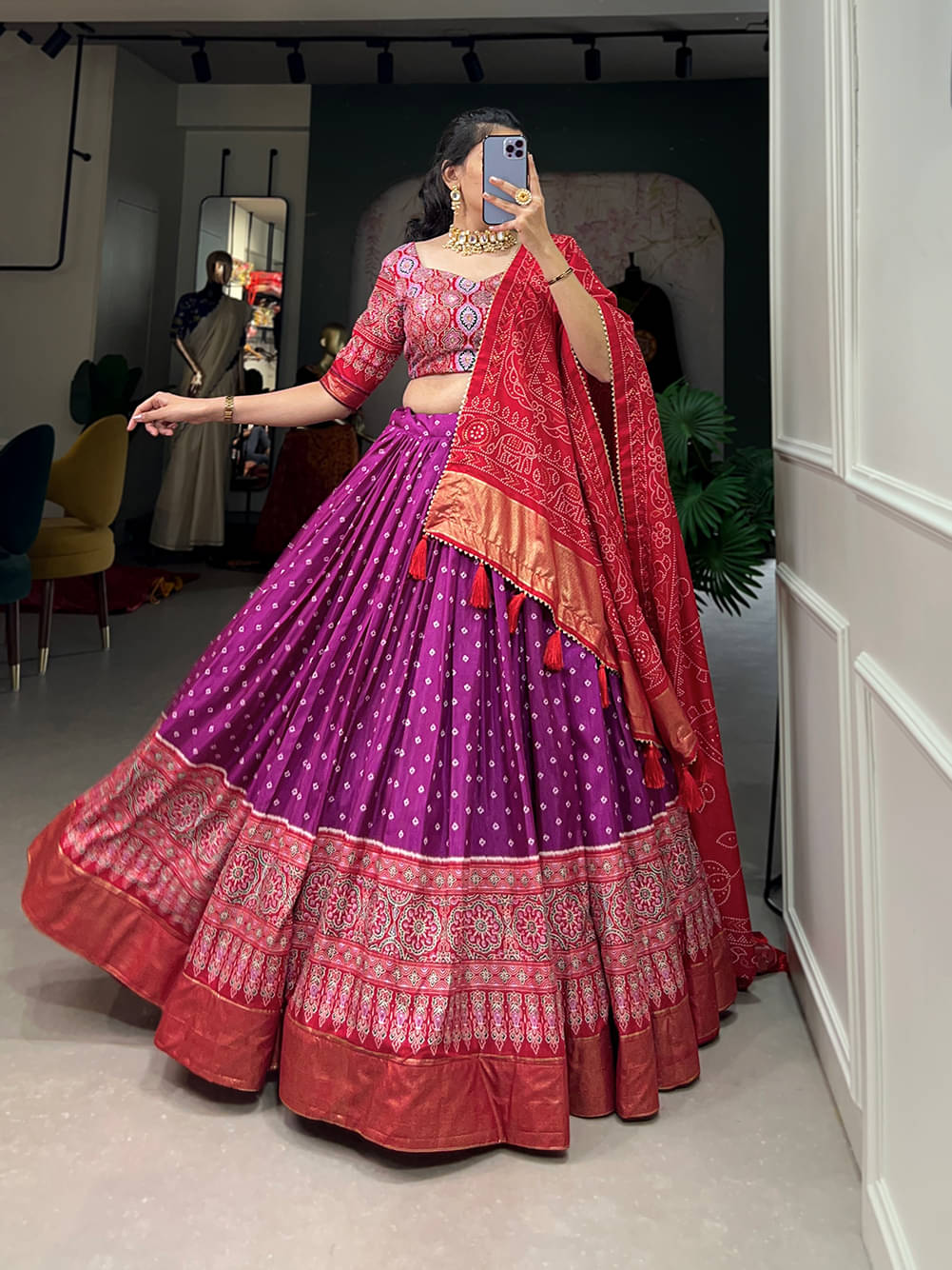 CYNOR Purple Tussar Silk Circular Semi Stitched Lehenga Single CYNOR Purple Tussar Silk Circular Semi Stitched Lehenga Single