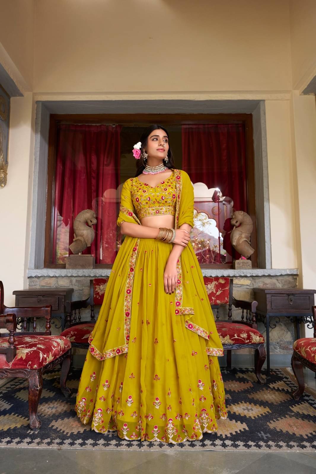 CYNOR Yellow Chiffon Circular Semi Stitched Lehenga Single CYNOR Yellow Chiffon Circular Semi Stitched Lehenga Single