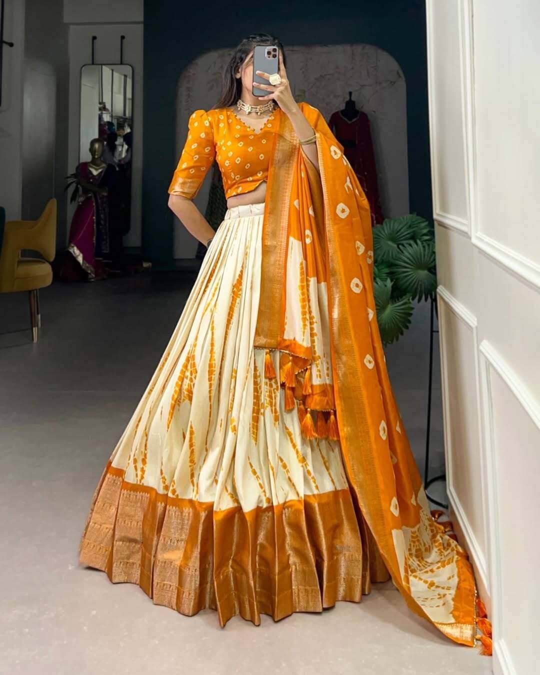 CYNOR Yellow Tussar Silk Circular Semi Stitched Lehenga Single CYNOR Yellow Tussar Silk Circular Semi Stitched Lehenga Single