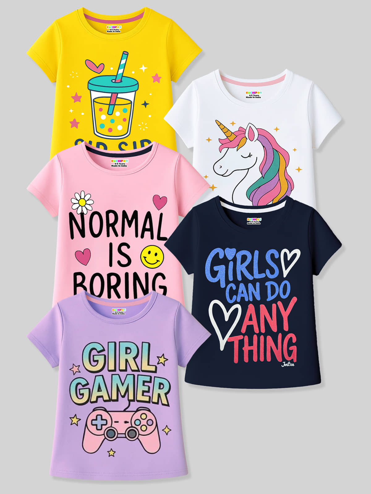 Kuchipoo Pack of 5 Girls Cotton Blend T-Shirt ( Multicolor )