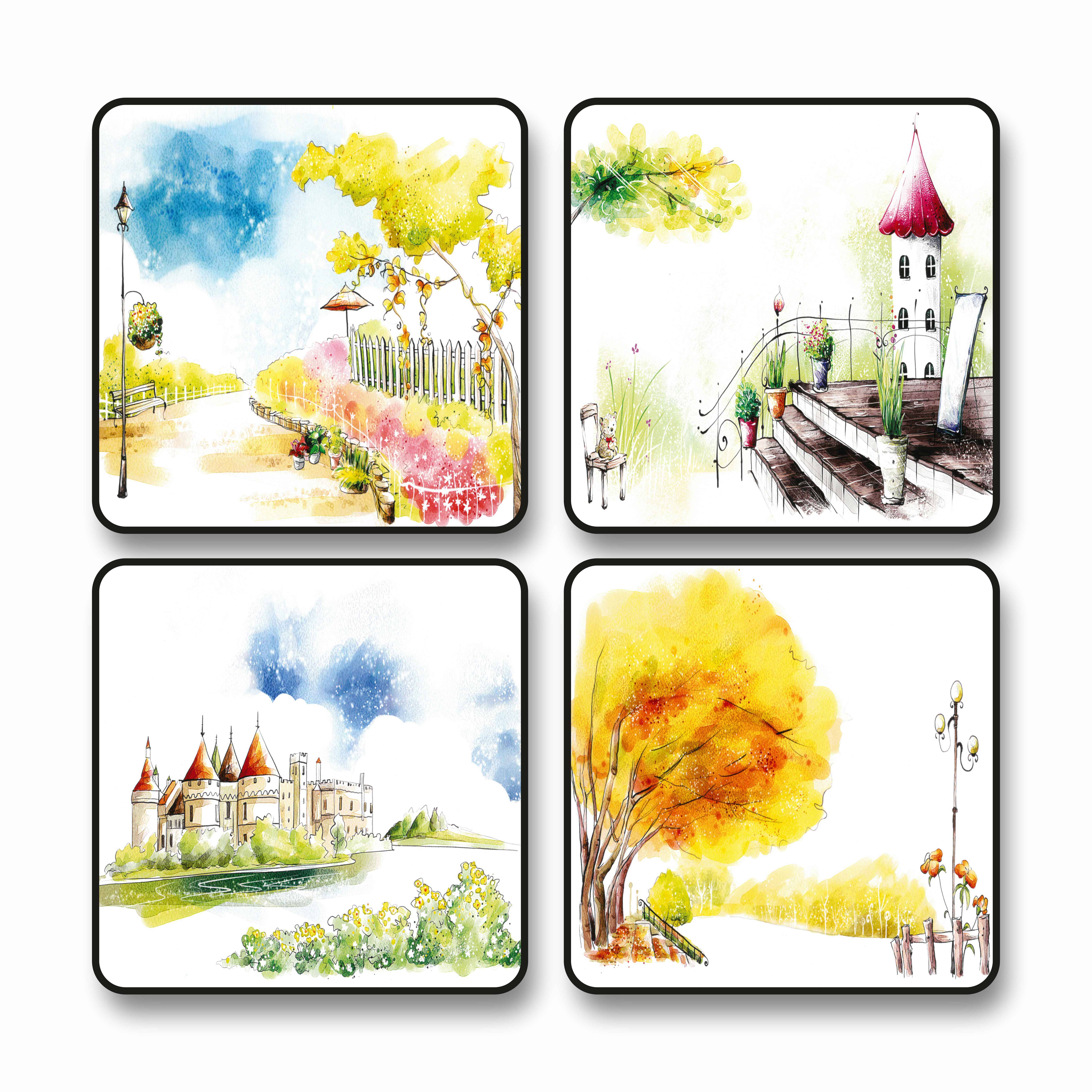 Livin'luxe Scenic Watercolor Landscape Art Set | 4 Square MDF Wall Frames | Autumn Tree Castle Garden Pathway Illustration | Decorative Painting for Living Room Bedroom Decor Black frame wall painting 10 inch x 10 inch Livin'luxe Scenic Watercolor Landscape Art Set | 4 Square MDF Wall Frames | Autumn Tree Castle Garden Pathway Illustration | Decorative Painting for Living Room Bedroom Decor Black frame wall painting 10 inch x 10 inch