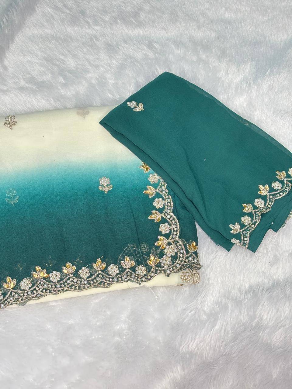 Sitanjali Georgette Embellished Maheshwari Saree With Unstitched Blouse Piece ( Rama ) Sitanjali Georgette Embellished Maheshwari Saree With Unstitched Blouse Piece ( Rama )