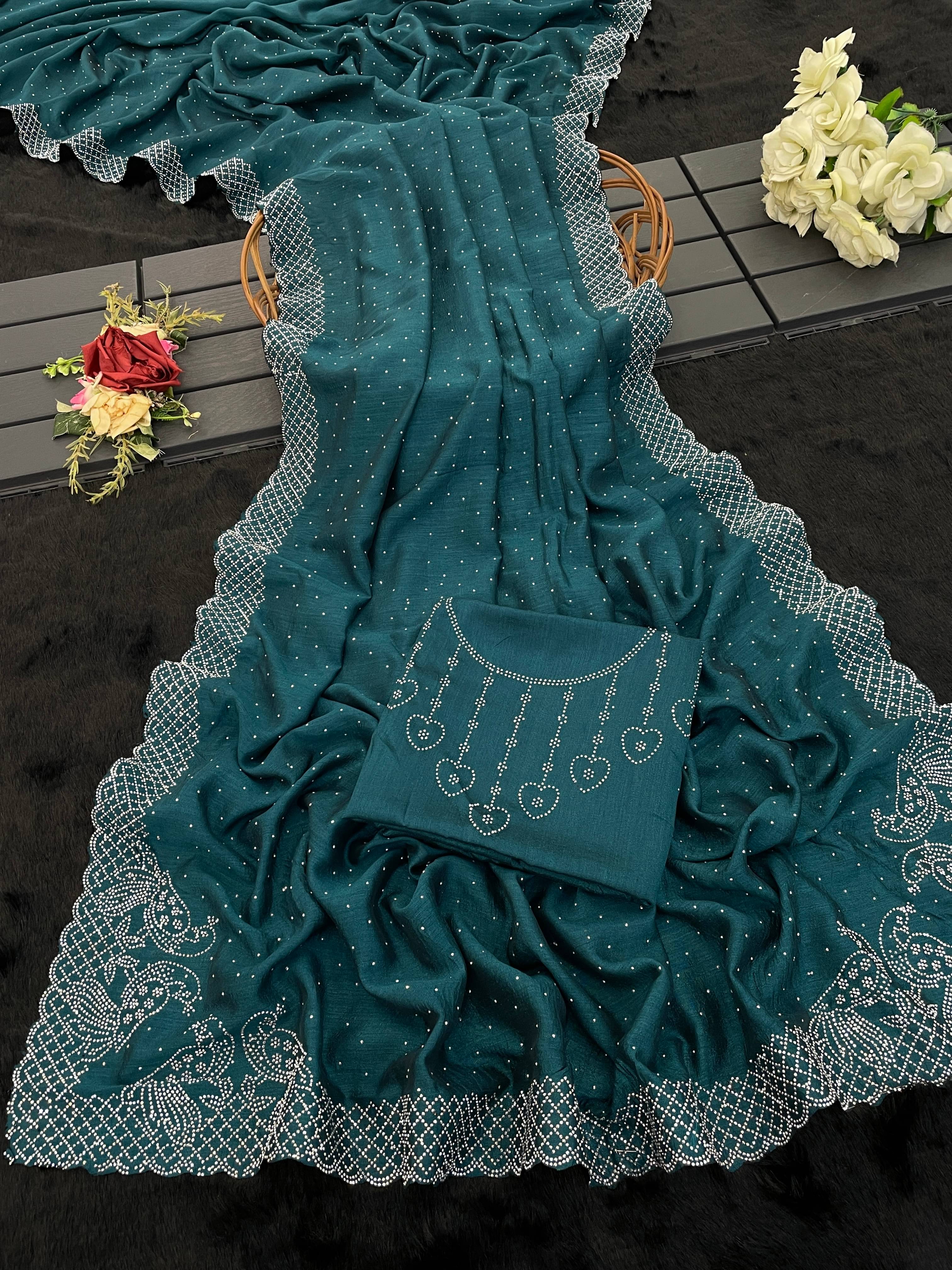     			Sitanjali Silk Blend Embellished Bhagalpuri Saree With Unstitched Blouse Piece ( Rama )