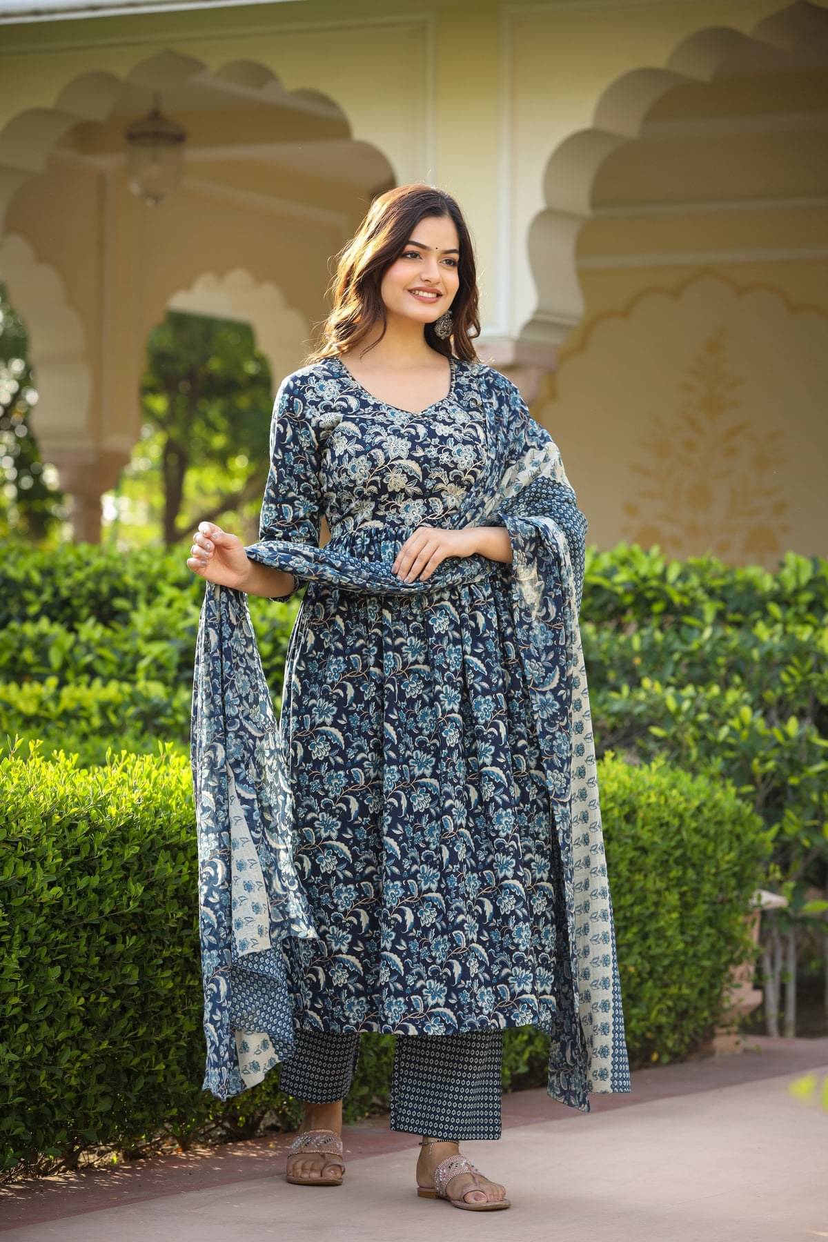 THE FAB FACTORY Women Cotton Blend Printed A-line Kurti With Pants ( Teal ) THE FAB FACTORY Women Cotton Blend Printed A-line Kurti With Pants ( Teal )