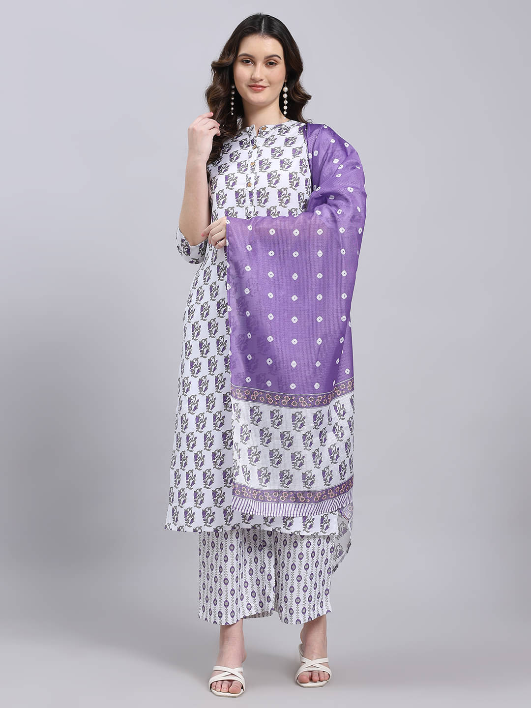 THE FAB FACTORY Women Cotton Blend Printed A-line Kurti With Pants ( White ) THE FAB FACTORY Women Cotton Blend Printed A-line Kurti With Pants ( White )