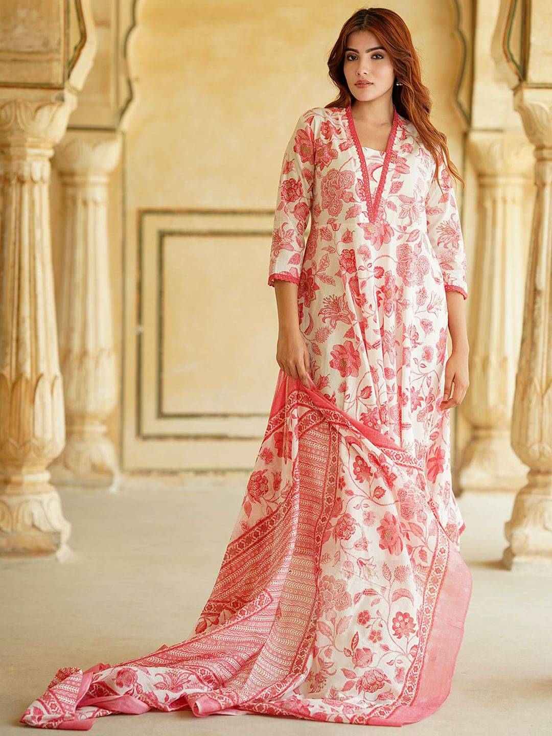 THE FAB FACTORY Women Cotton Blend Printed A-line Kurti With Pants ( Pink )     			THE FAB FACTORY Women Cotton Blend Printed A-line Kurti With Pants ( Pink )