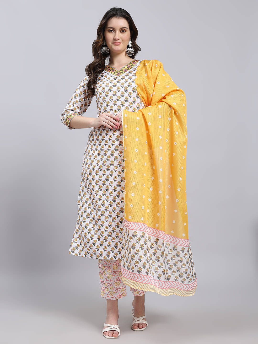     			THE FAB FACTORY Women Cotton Blend Printed A-line Kurti With Pants ( White )