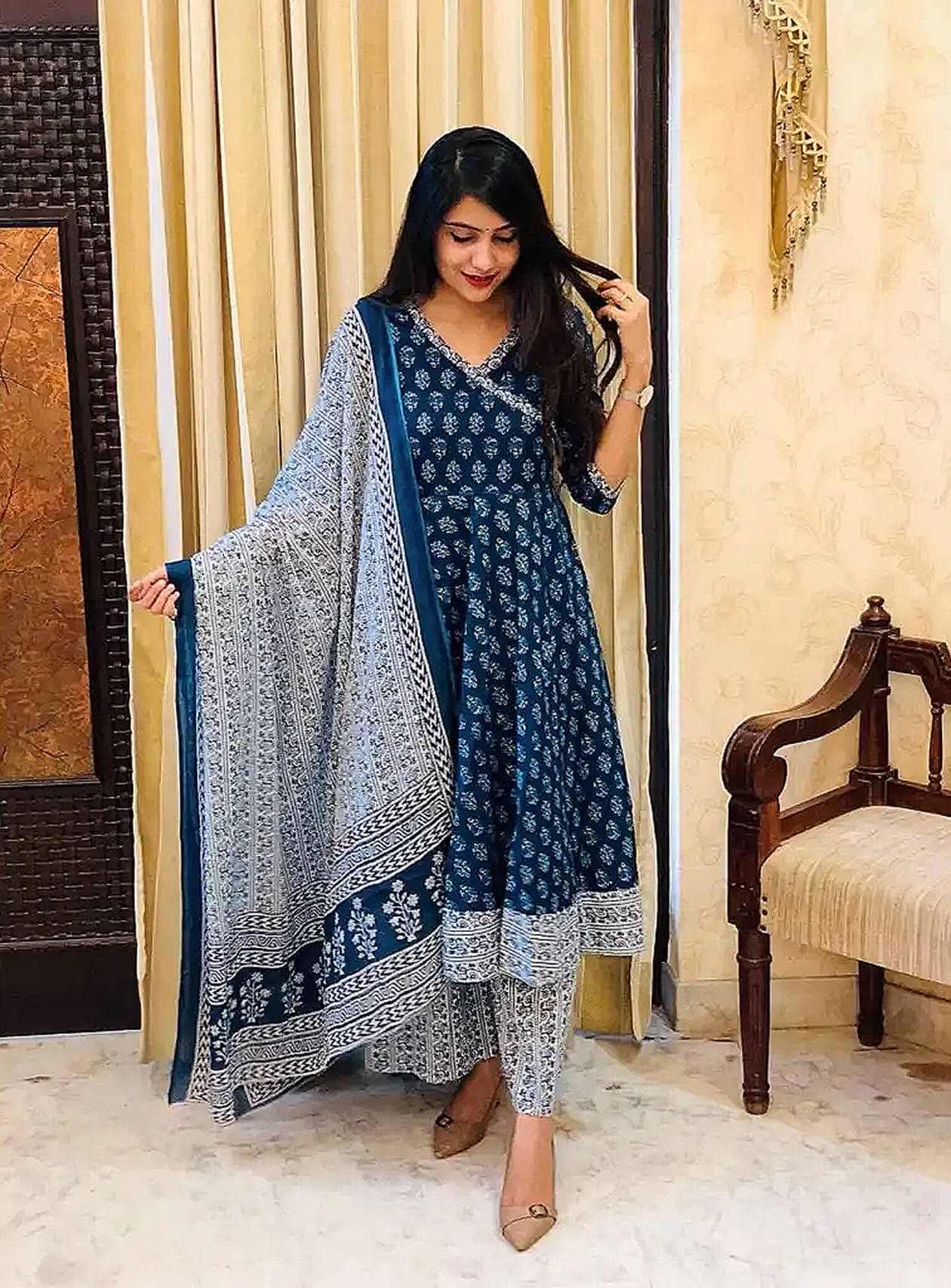 THE FAB FACTORY Women Cotton Blend Printed A-line Kurti With Pants ( Navy Blue ) THE FAB FACTORY Women Cotton Blend Printed A-line Kurti With Pants ( Navy Blue )