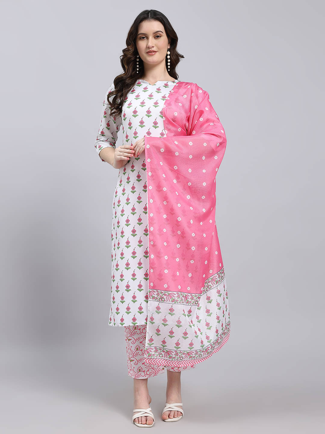     			THE FAB FACTORY Women Cotton Blend Printed A-line Kurti With Pants ( White )