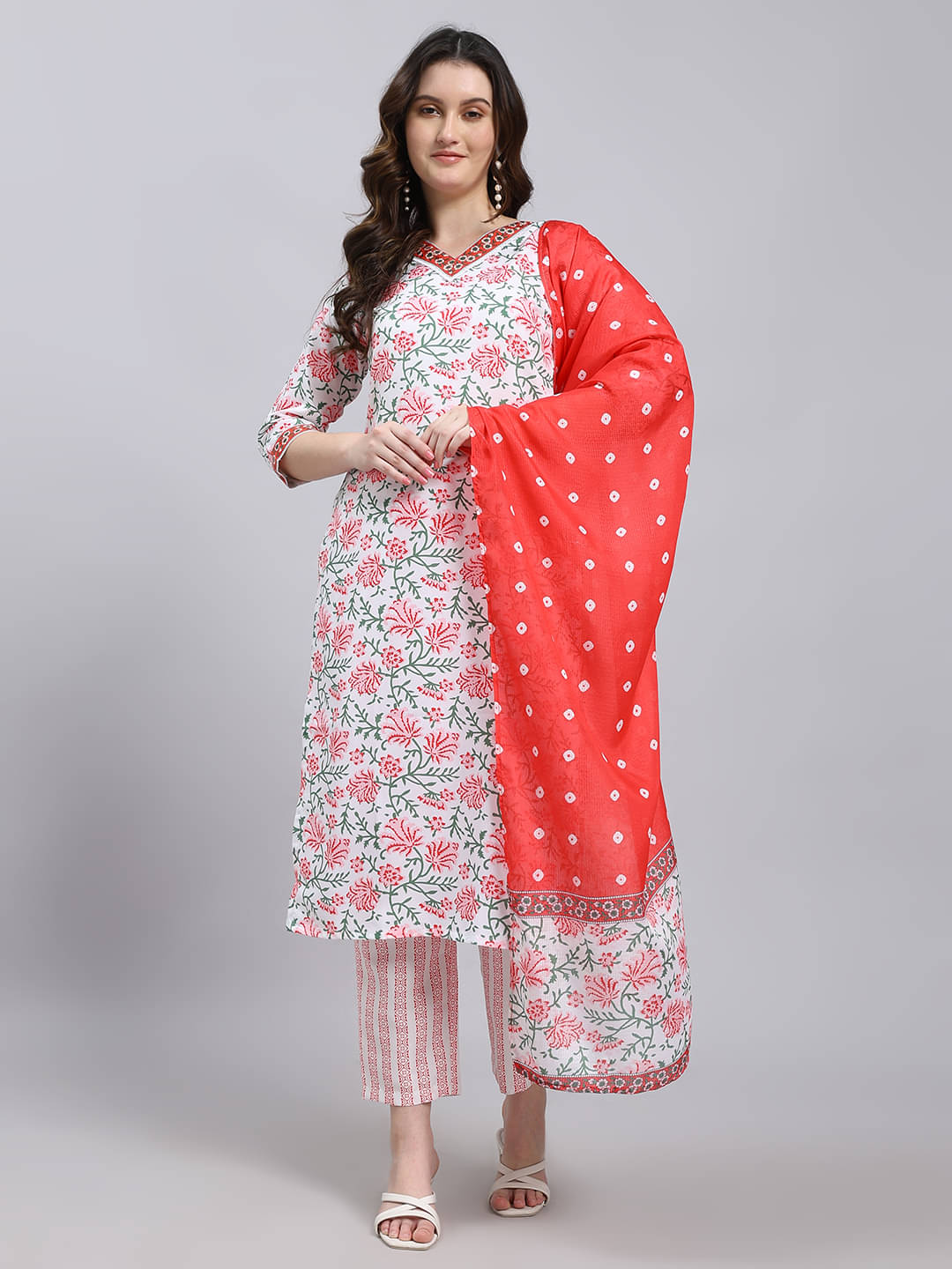     			THE FAB FACTORY Women Cotton Blend Printed A-line Kurti With Pants ( White )
