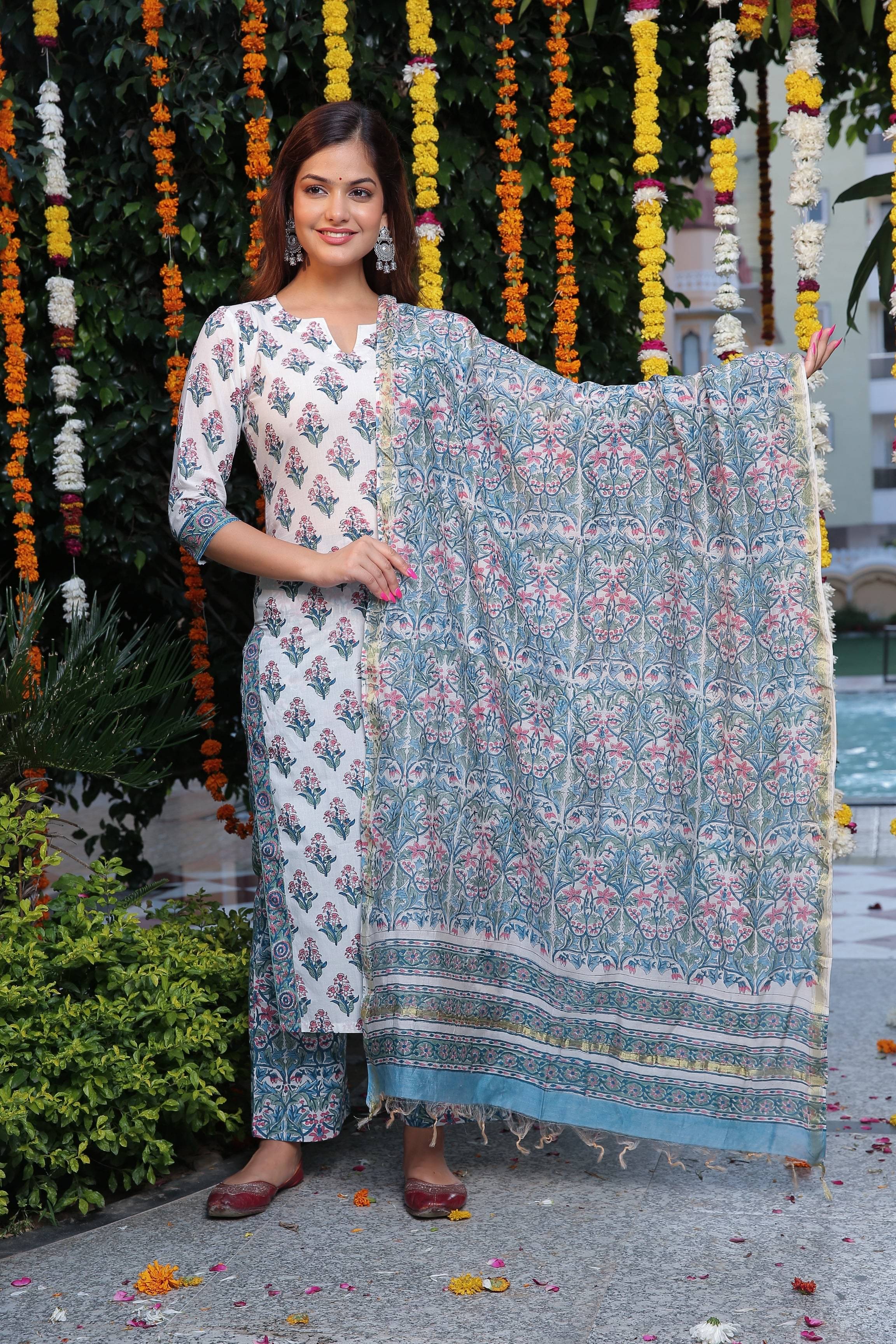     			THE FAB FACTORY Women Cotton Blend Printed A-line Kurti With Pants ( White )