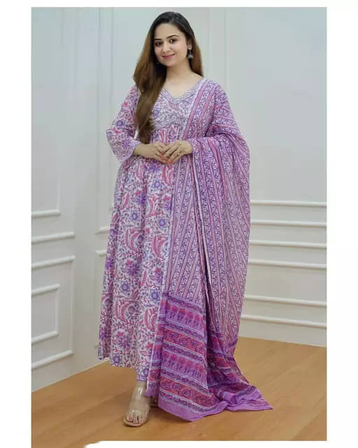 THE FAB FACTORY Women Cotton Blend Printed A-line Kurti With Pants ( Purple ) THE FAB FACTORY Women Cotton Blend Printed A-line Kurti With Pants ( Purple )