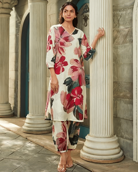 THE FAB FACTORY Women Cotton Blend Printed A-line Kurti With Pants ( Cream )     			THE FAB FACTORY Women Cotton Blend Printed A-line Kurti With Pants ( Cream )