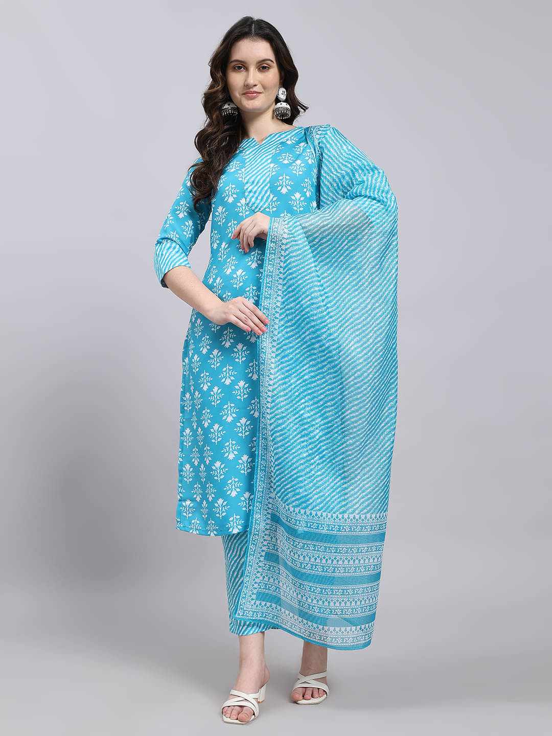     			THE FAB FACTORY Women Cotton Blend Printed A-line Kurti With Pants ( Light Blue )
